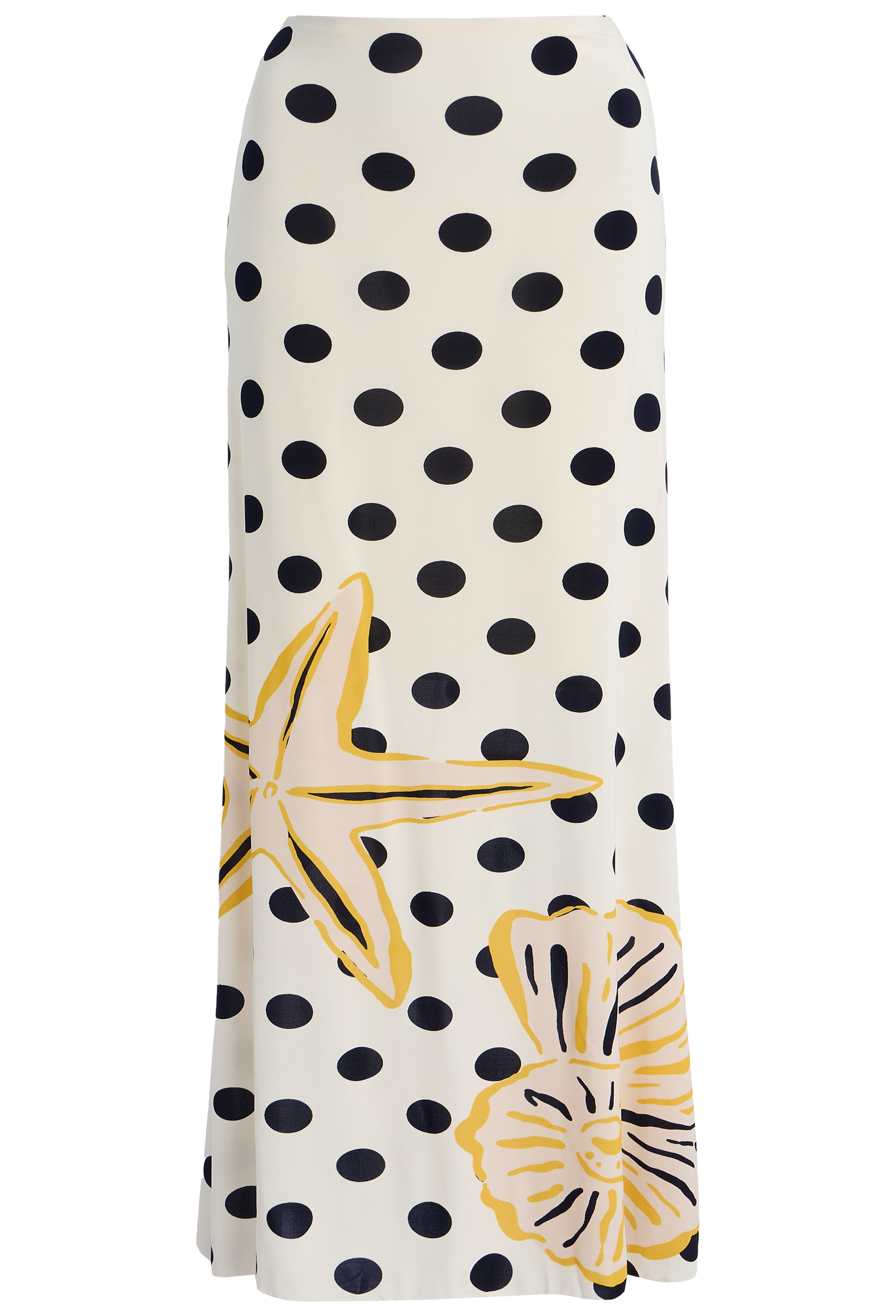 Skirt with polka dot pattern and yellow floral design on a white background
