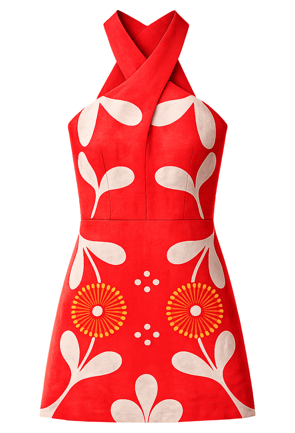Red dress with white floral patterns on a white background
