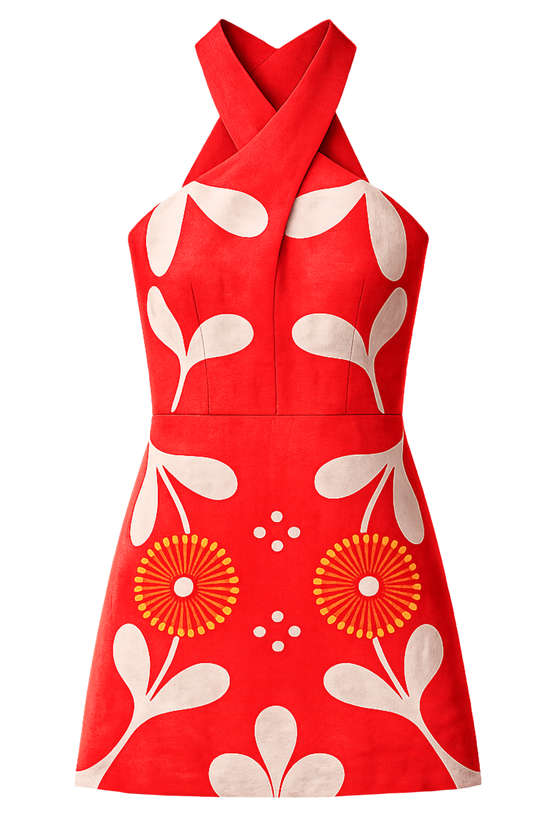 Red dress with white floral patterns on a white background