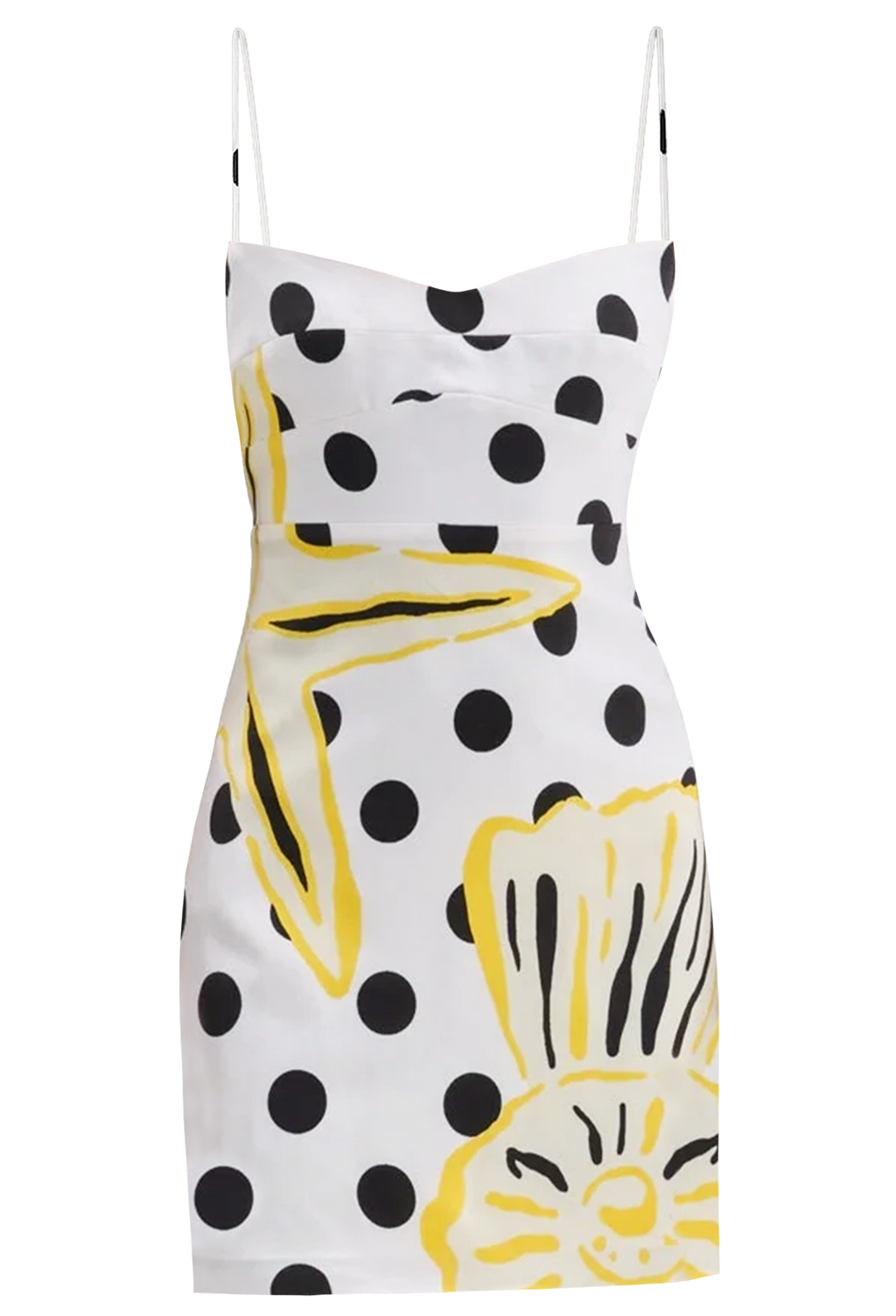 White dress with black polka dots and yellow floral patterns on a white background