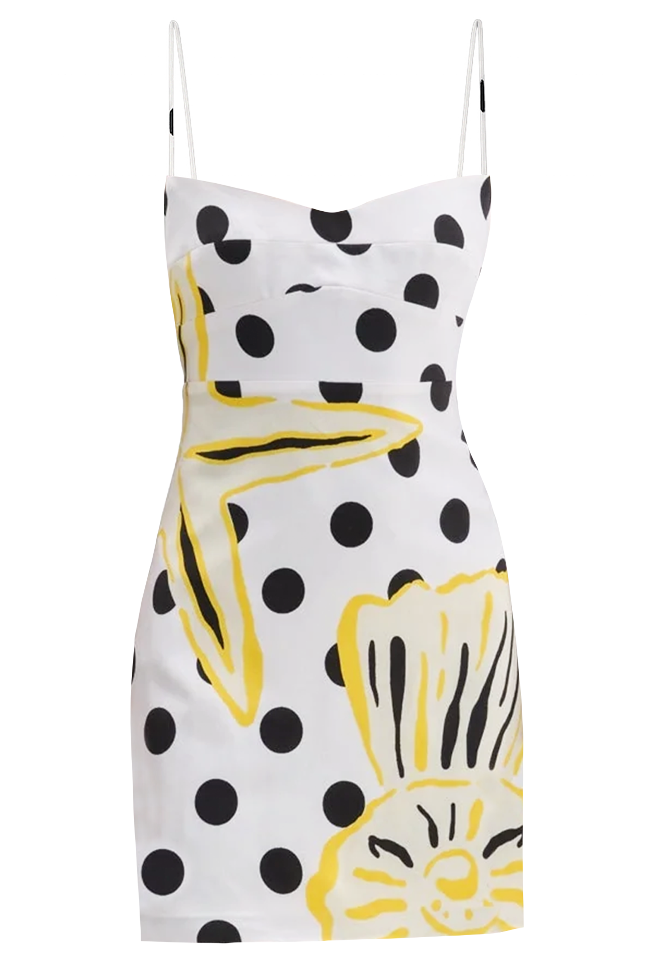 White dress with black polka dots and yellow floral patterns on a white background
