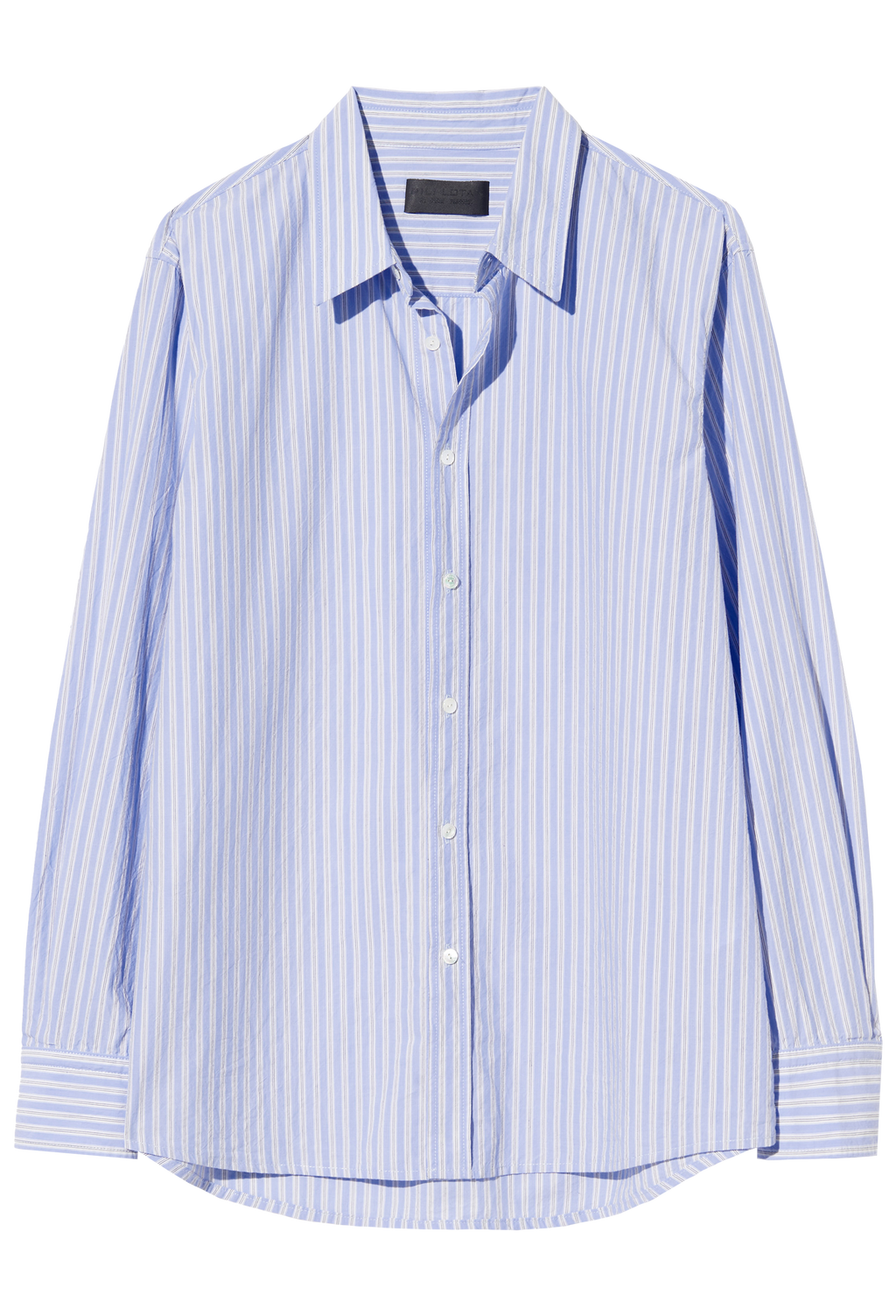 Blue and white striped shirt with a collar on a white background