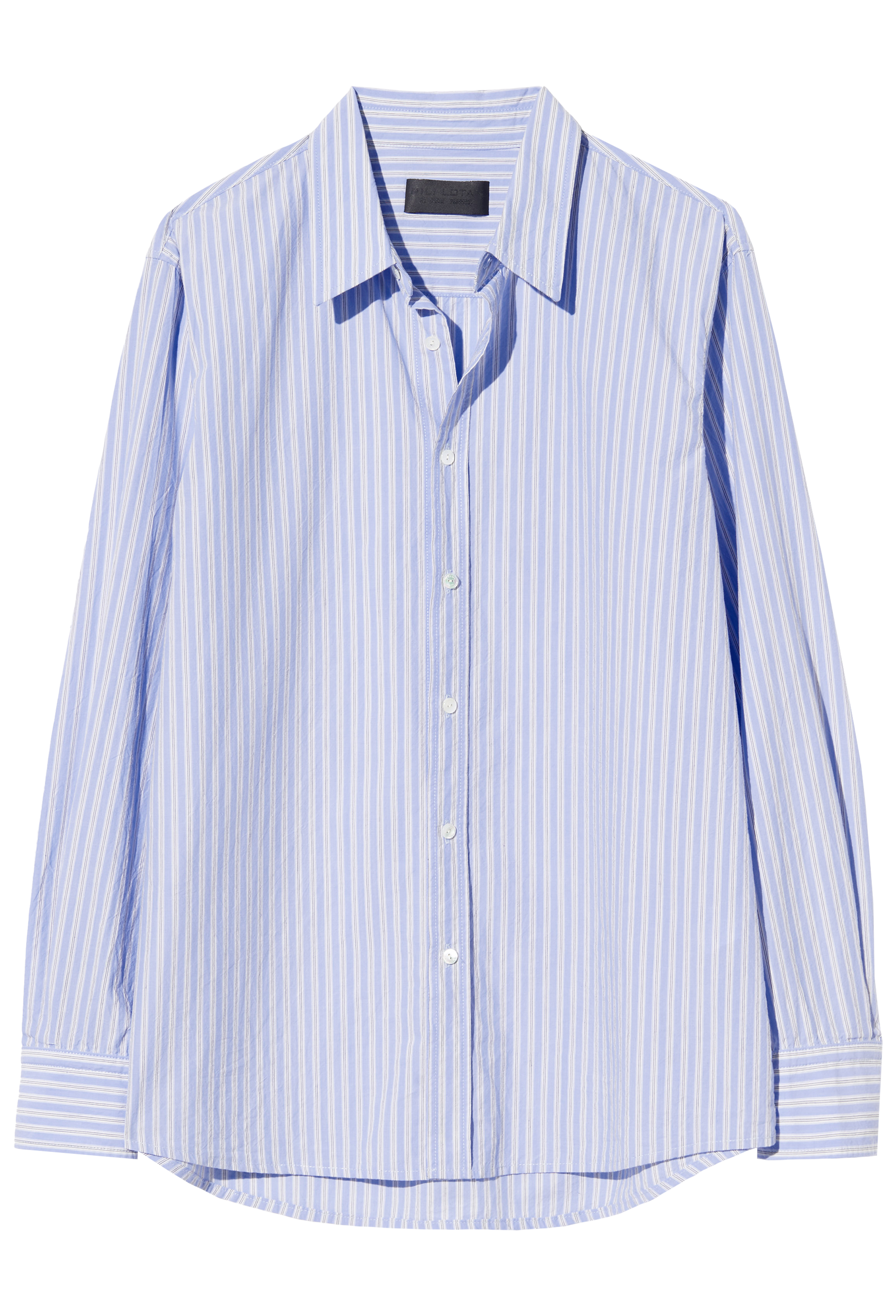 Blue and white striped shirt with a collar on a white background