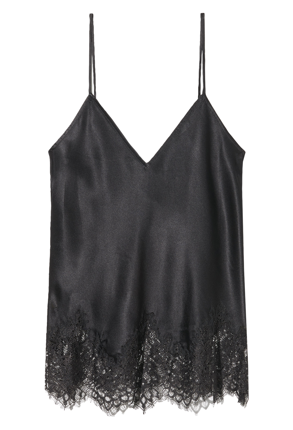 Black silk tank with lace trim on a white background