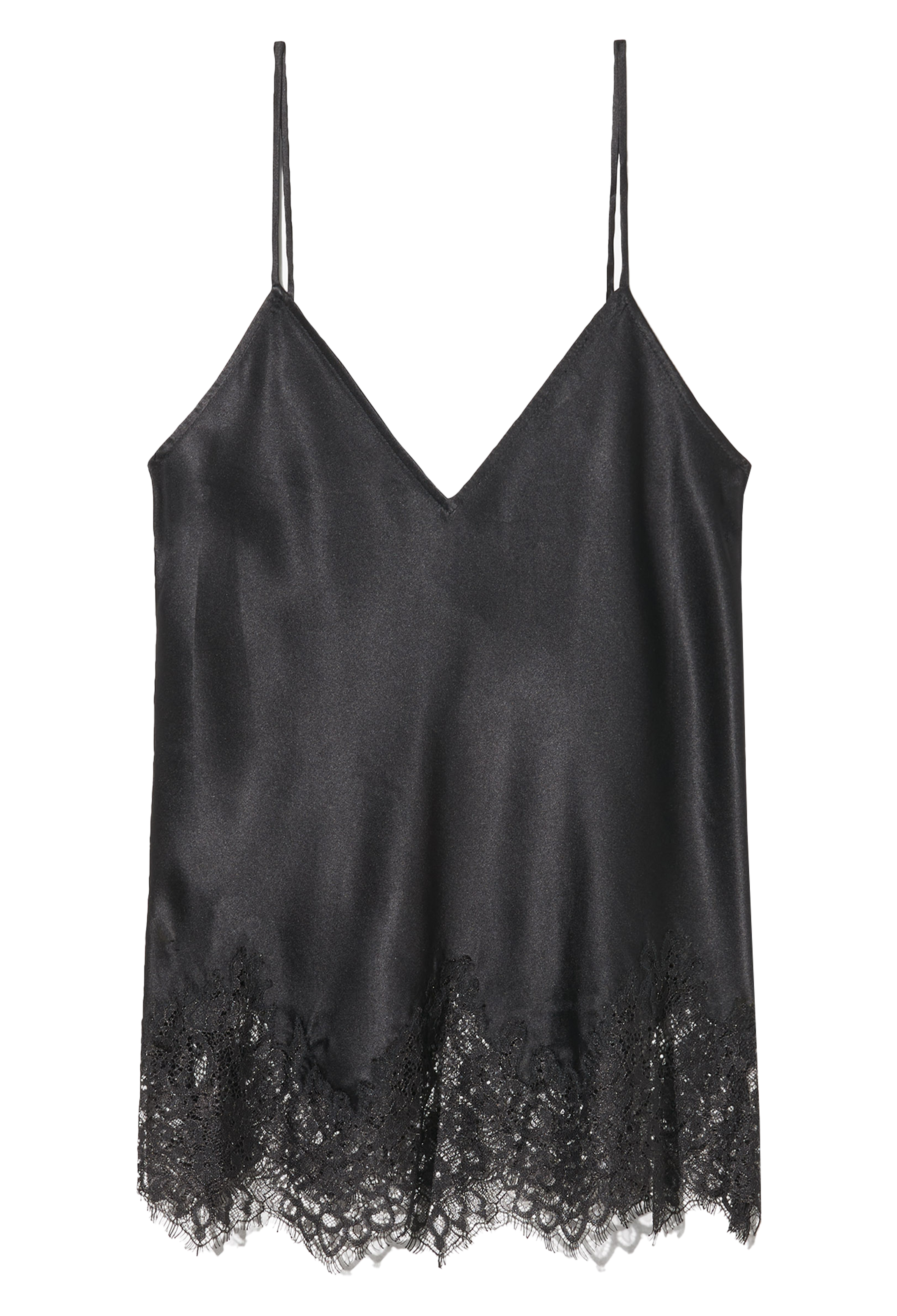Black silk tank with lace trim on a white background