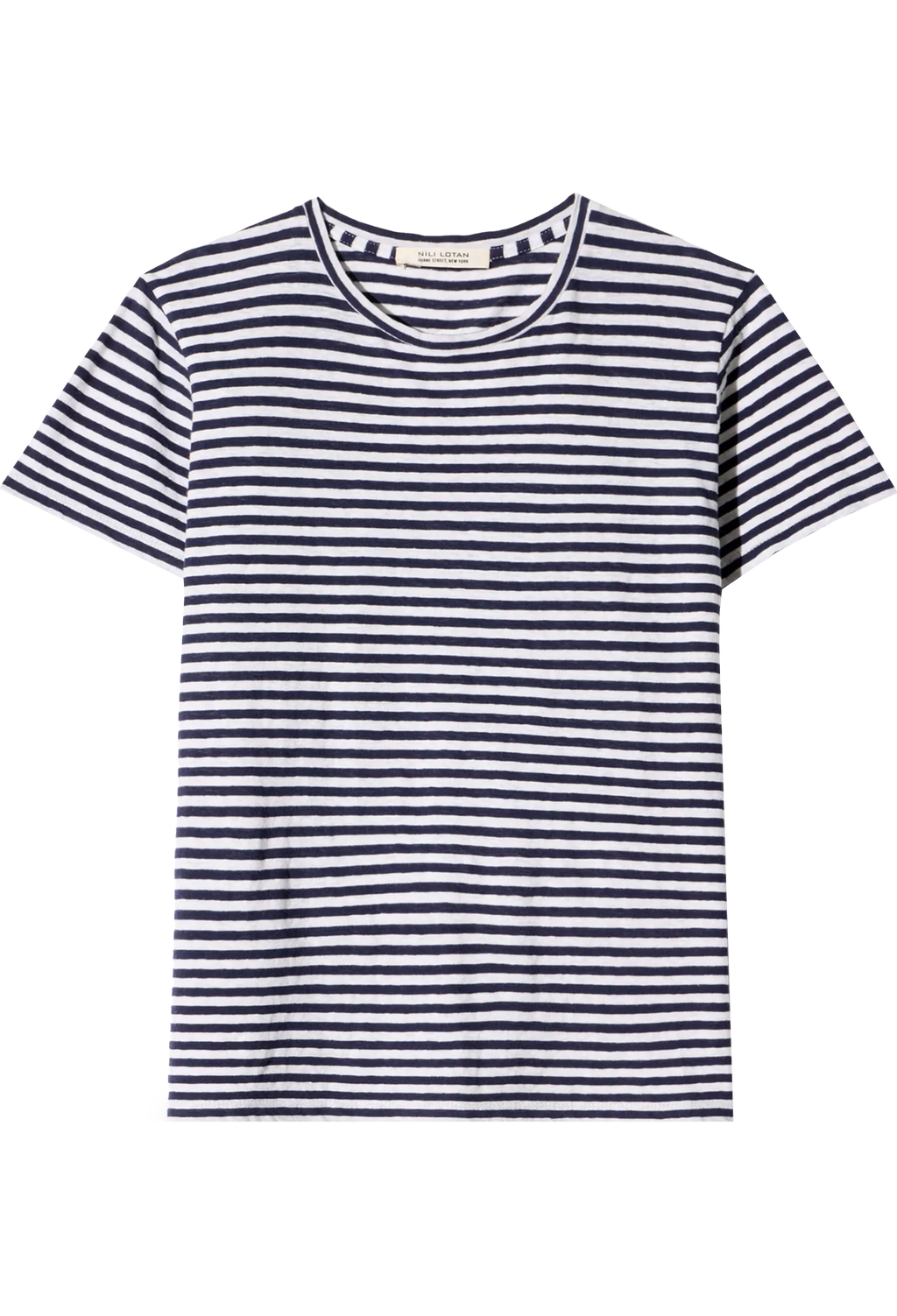 Navy and white striped t-shirt on a white background