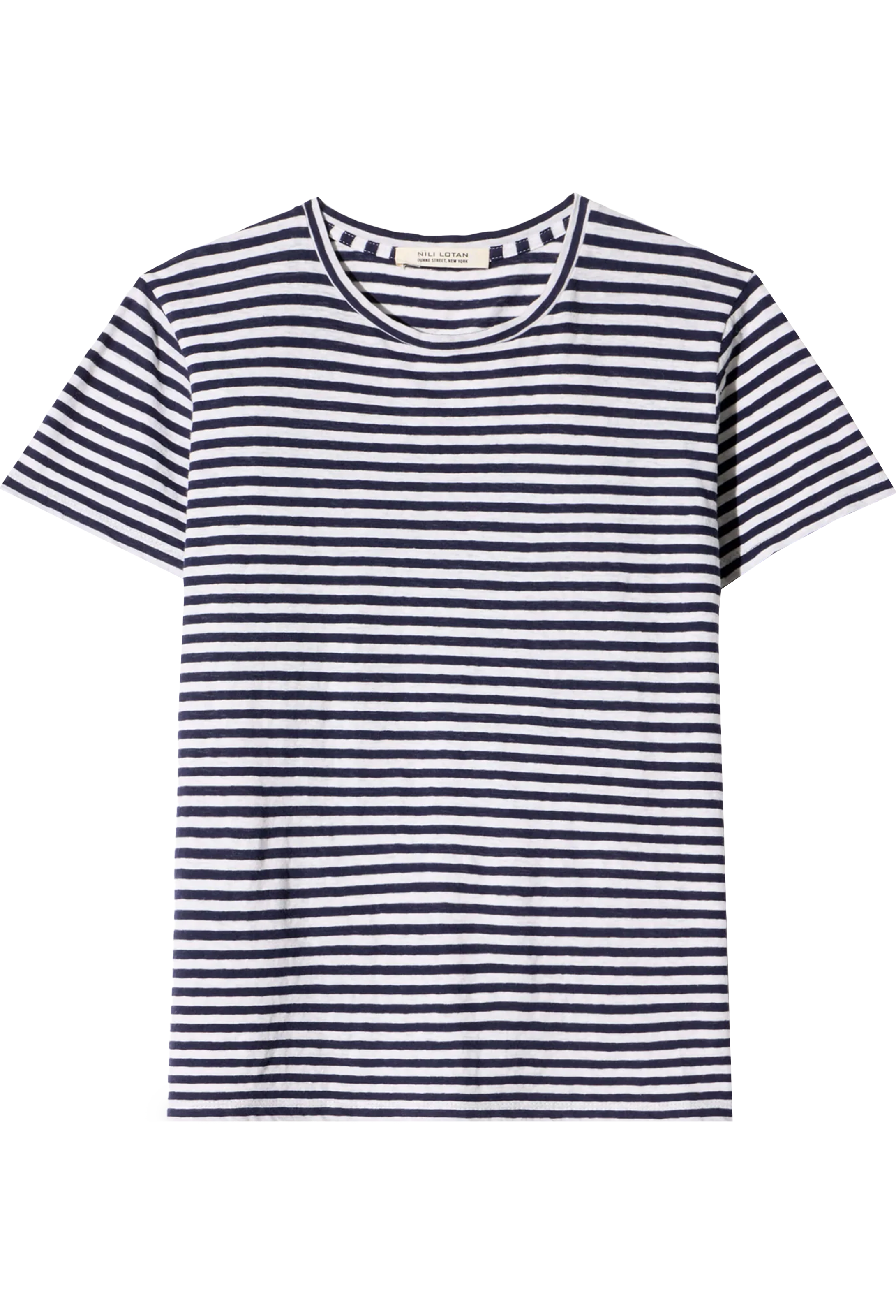 Navy and white striped t-shirt on a white background