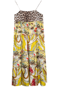 Colorful patterned dress with a leopard print top on a white background