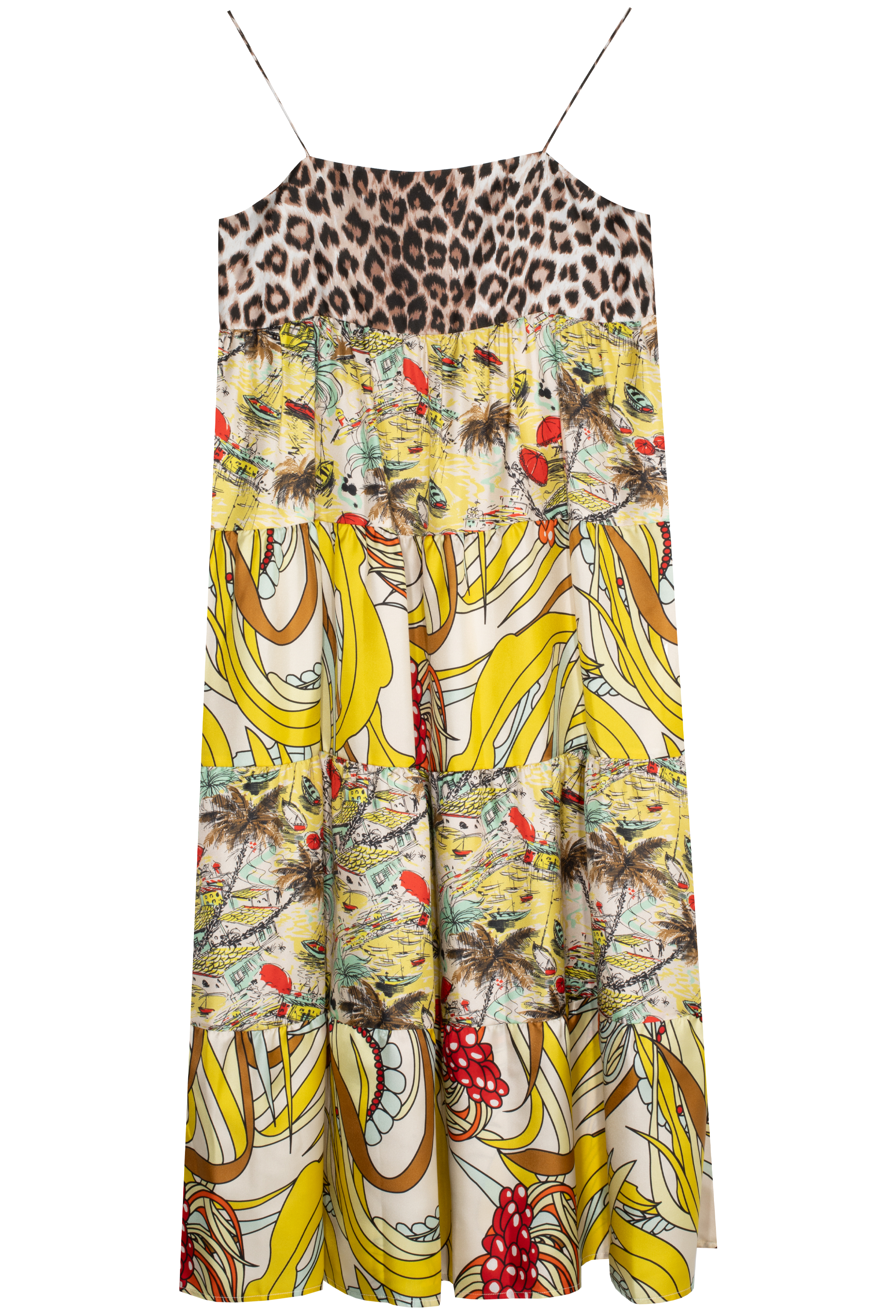 Colorful patterned dress with a leopard print top on a white background