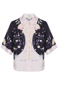 Floral patterned shirt with a collar on a white background