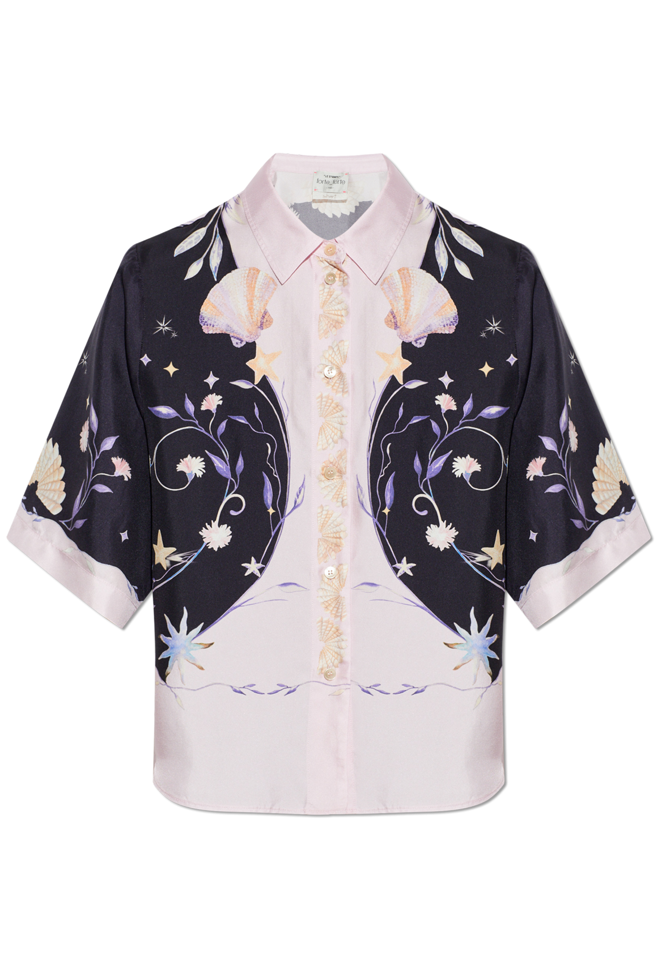 Floral patterned shirt with a collar on a white background