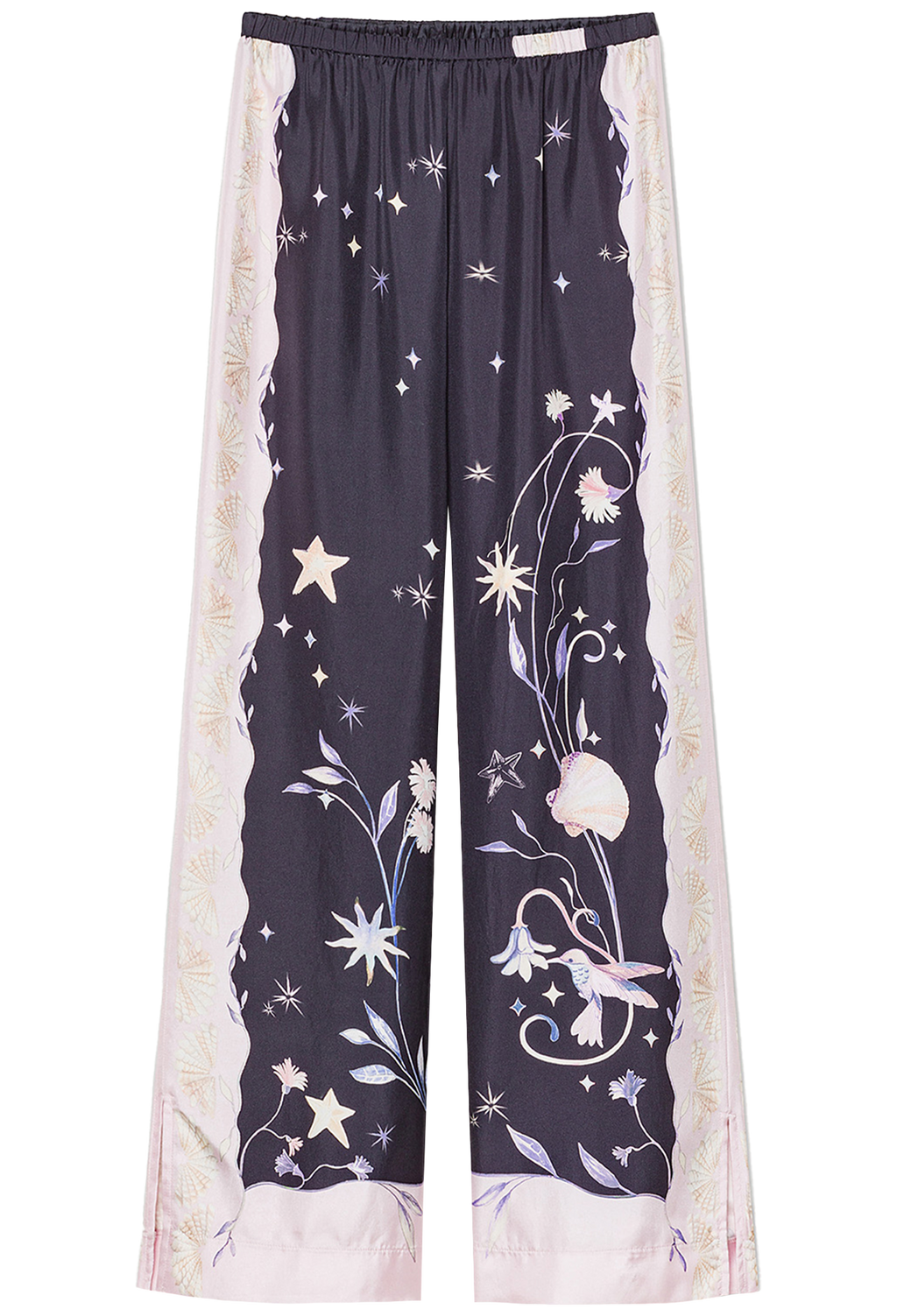 Navy pants with floral and star pattern on a white background
