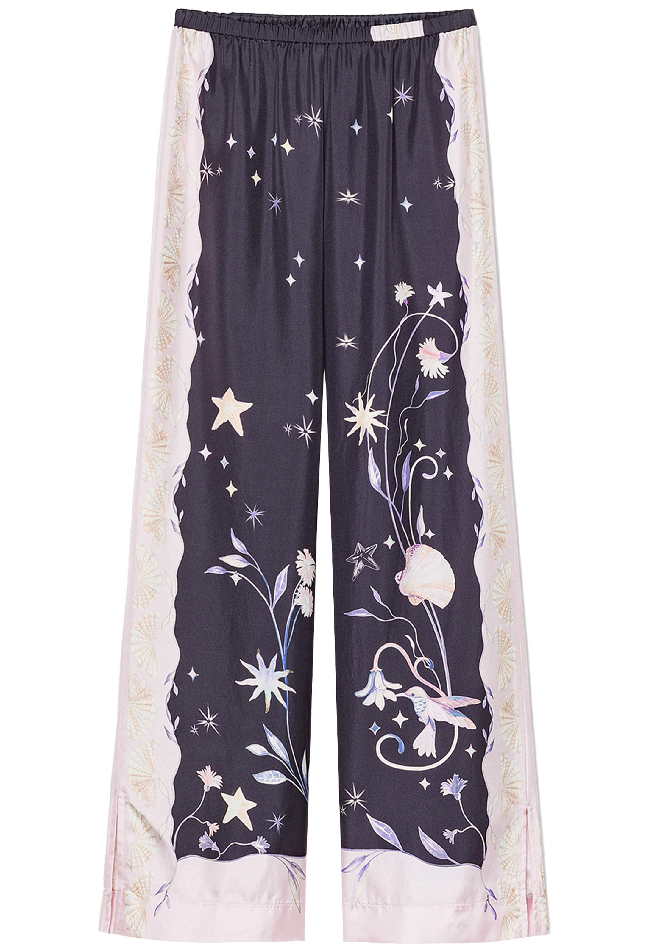 Navy pants with floral and star pattern on a white background