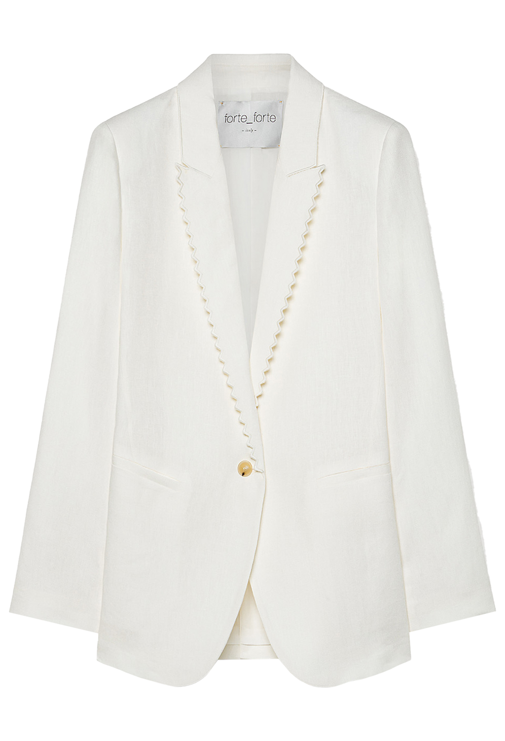 White blazer with pearl buttons on a white background