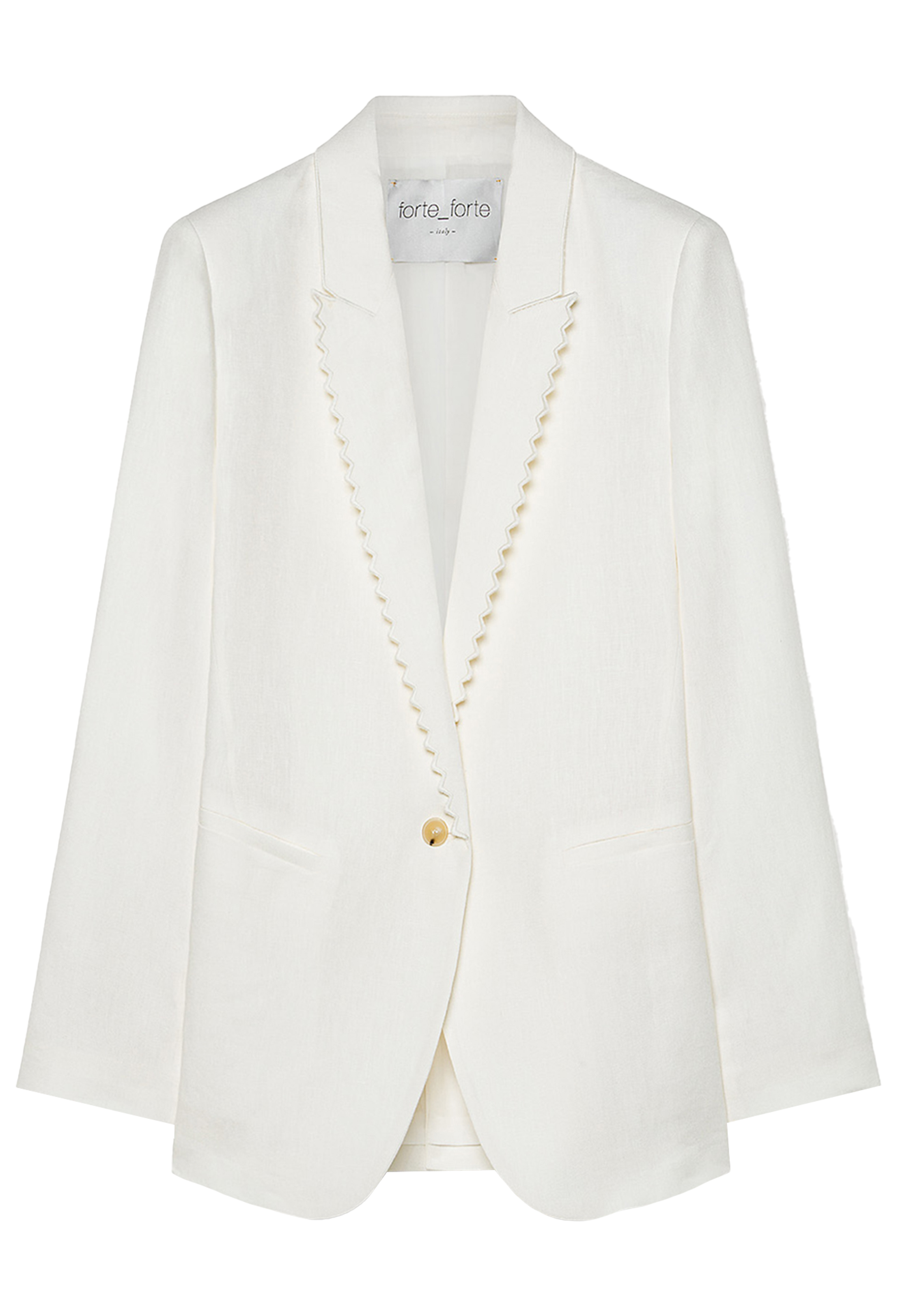 White blazer with pearl buttons on a white background