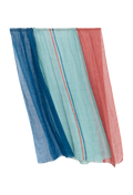 Colorful striped fabric with blue, green, and red hues on a white background