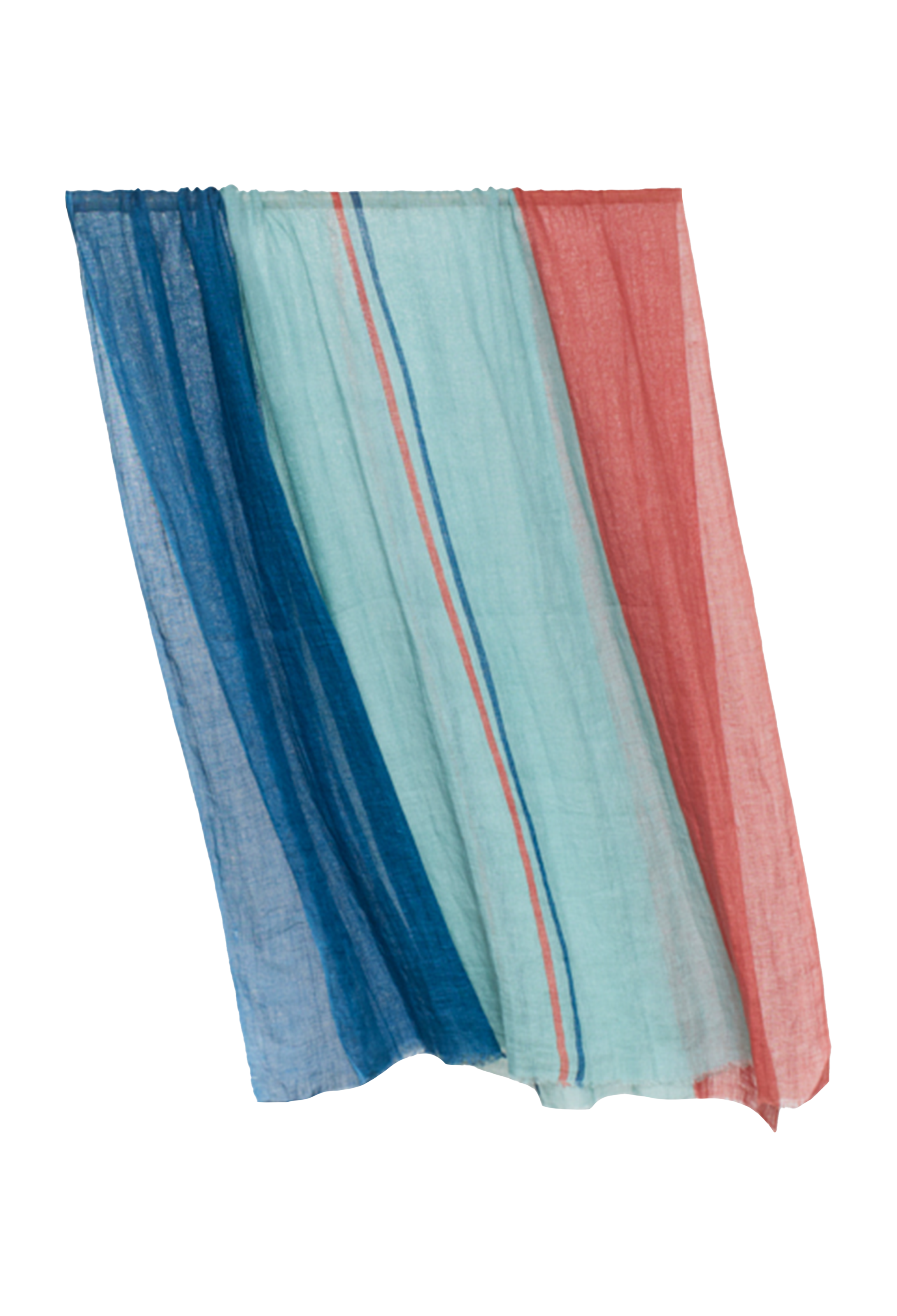 Colorful striped fabric with blue, green, and red hues on a white background