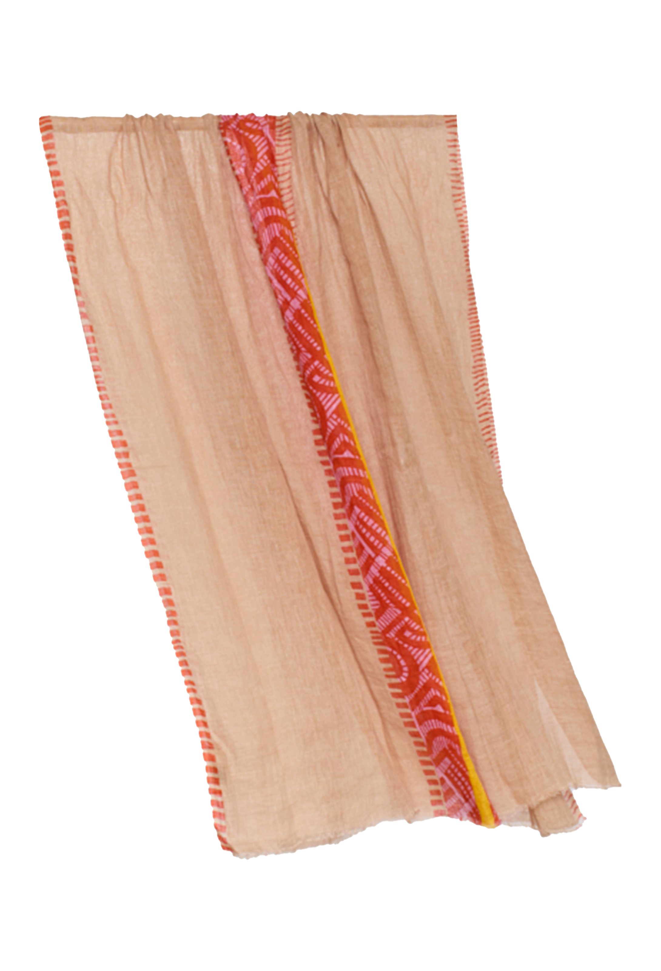 Beige scarf with red and yellow pattern on a white background