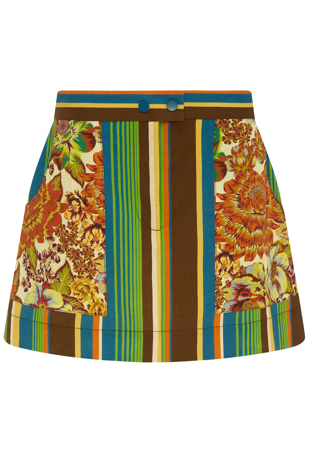 Colorful skirt with floral and striped patterns on a white background