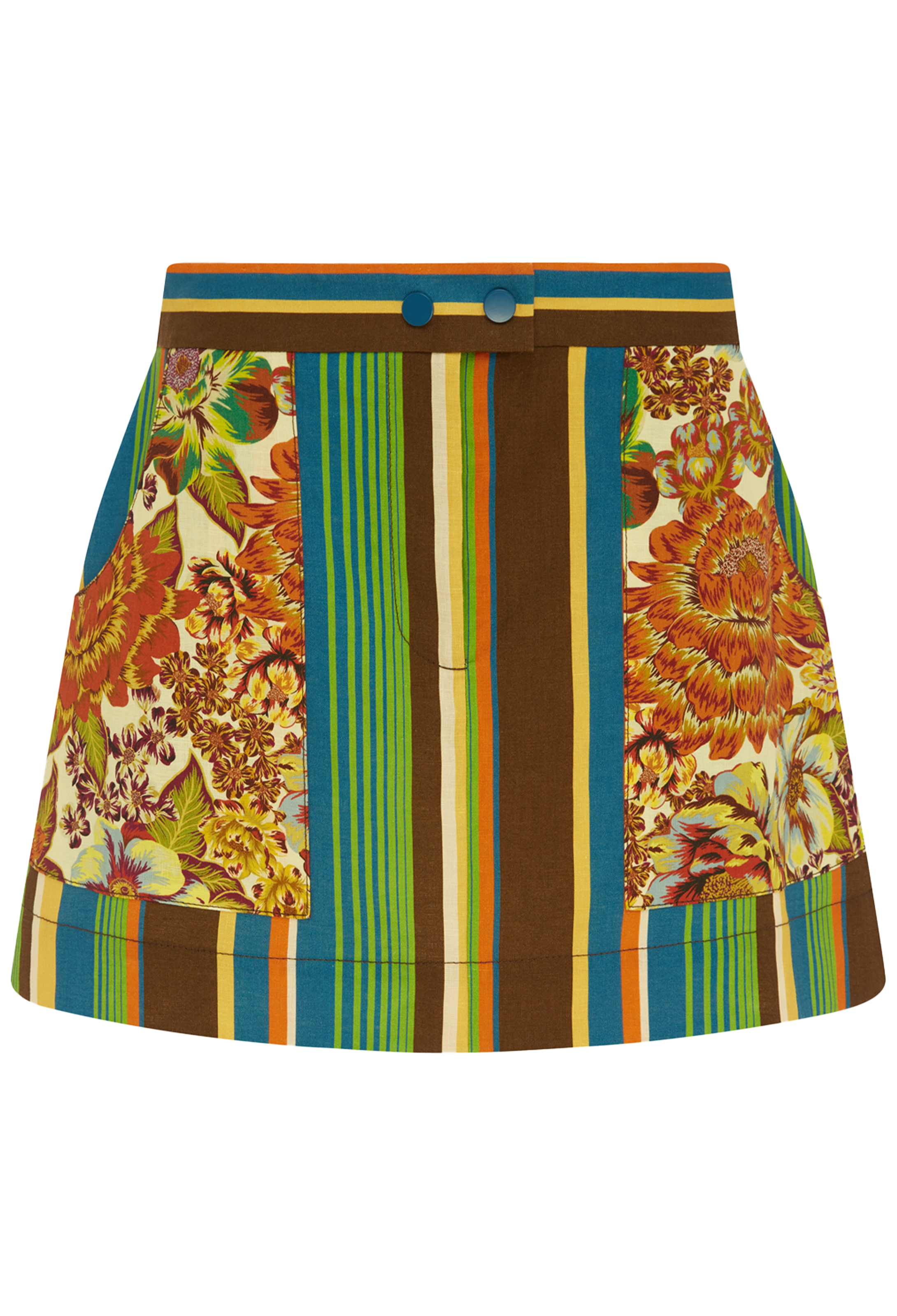 Colorful skirt with floral and striped patterns on a white background