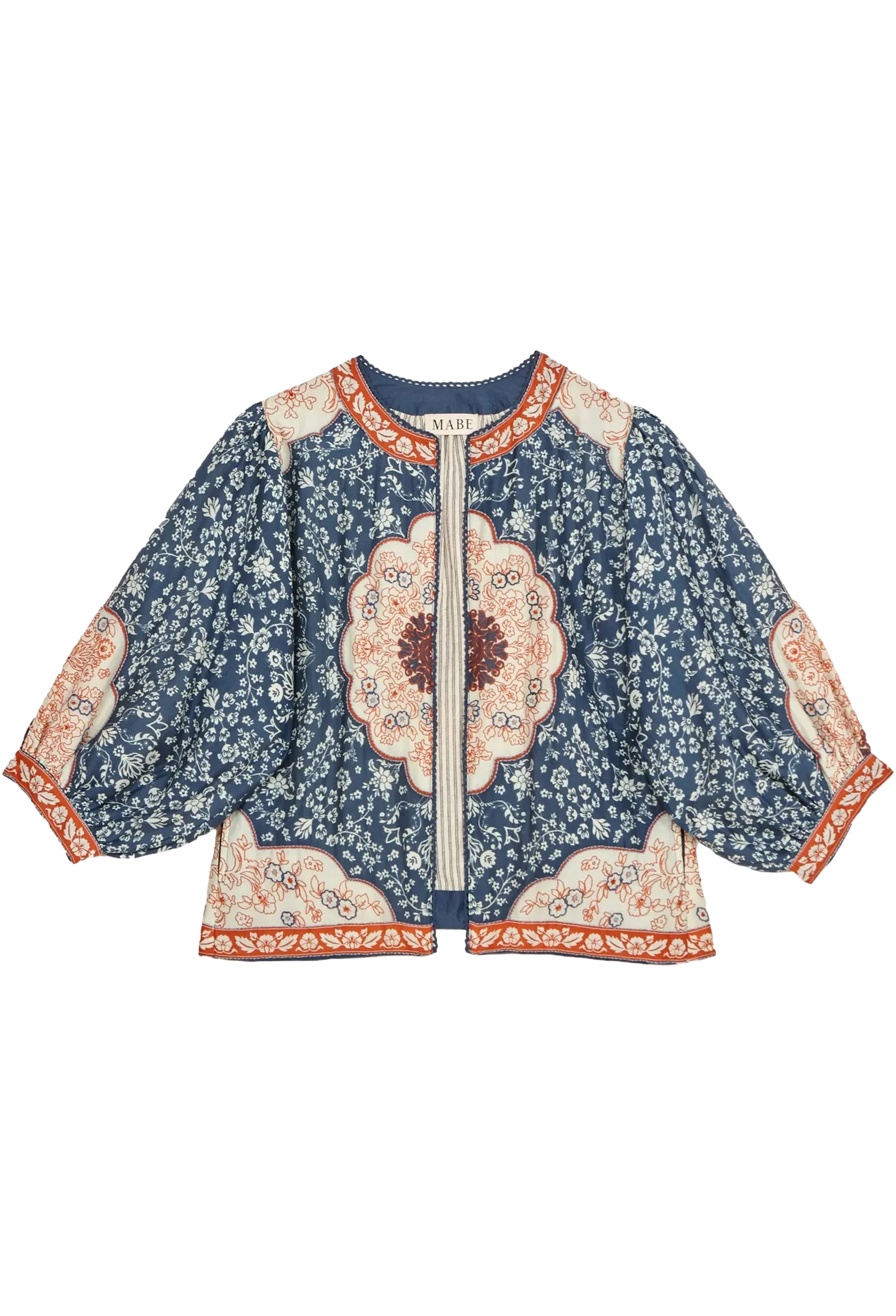Decorative jacket with floral and paisley patterns on a white background
