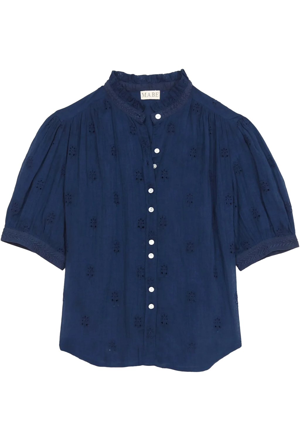 Blue blouse with short sleeves and buttons on a white background