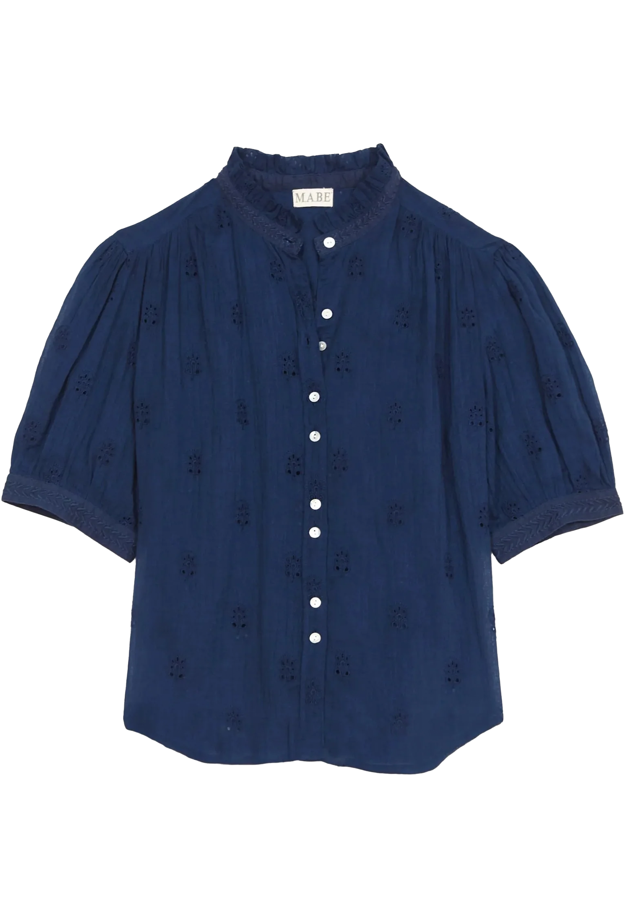 Blue blouse with short sleeves and buttons on a white background