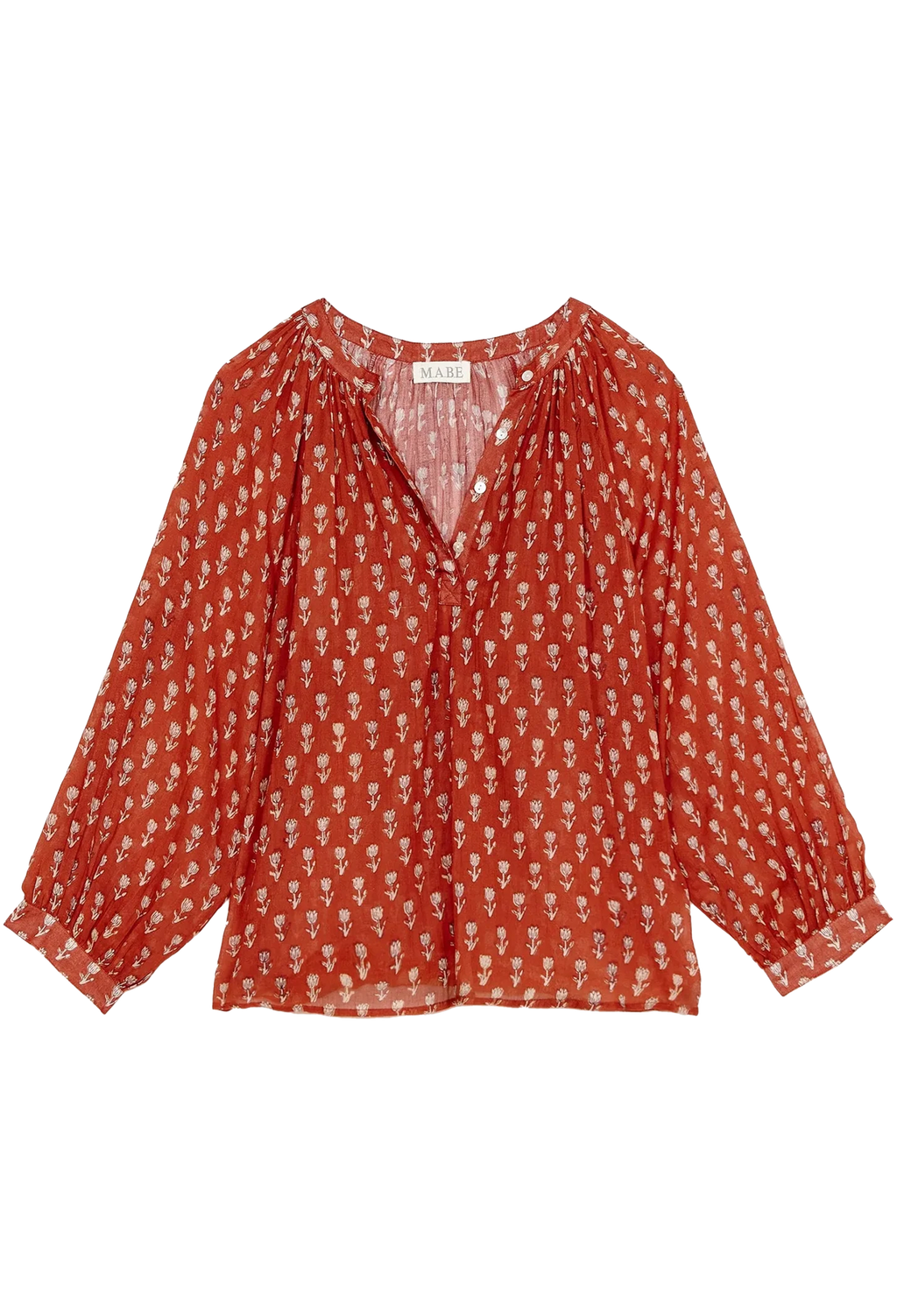Red patterned blouse on a white background