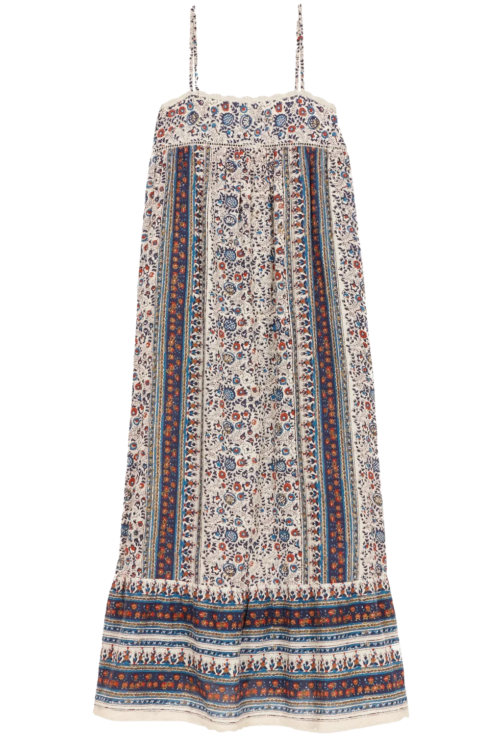 Floral patterned dress with thin straps on a white background