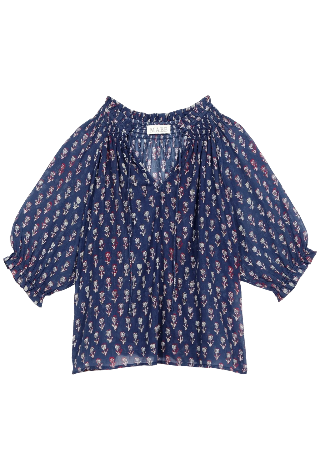 Blue patterned blouse on a white background
