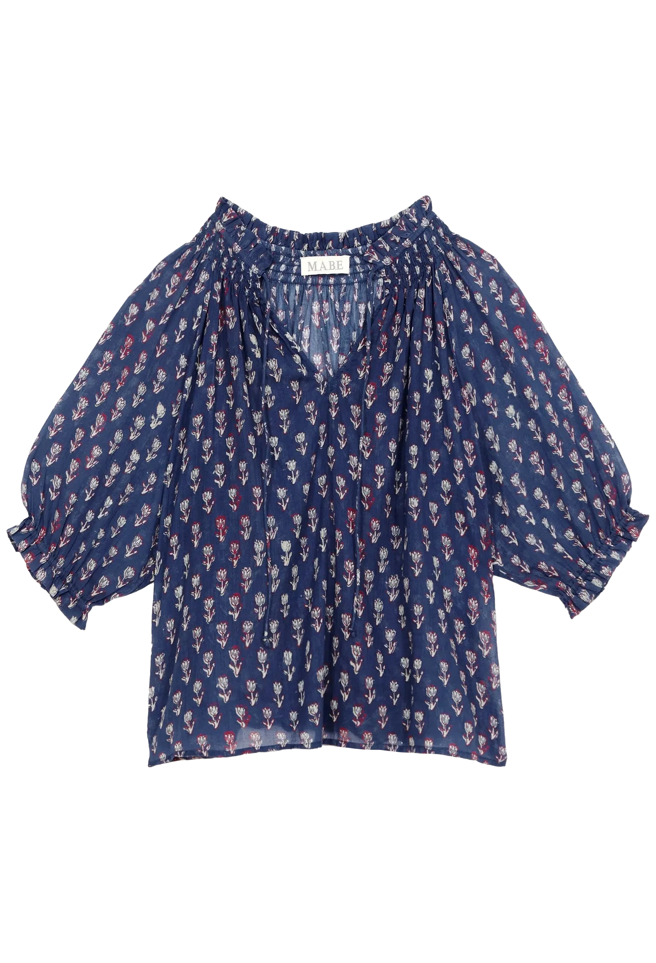 Blue patterned blouse on a white background