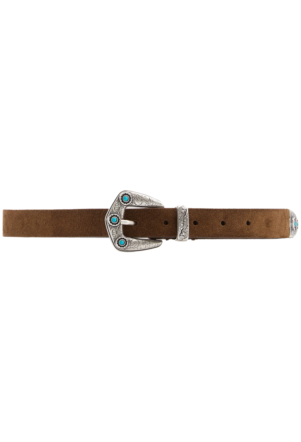 Brown belt with a silver buckle featuring turquoise stones on a white background