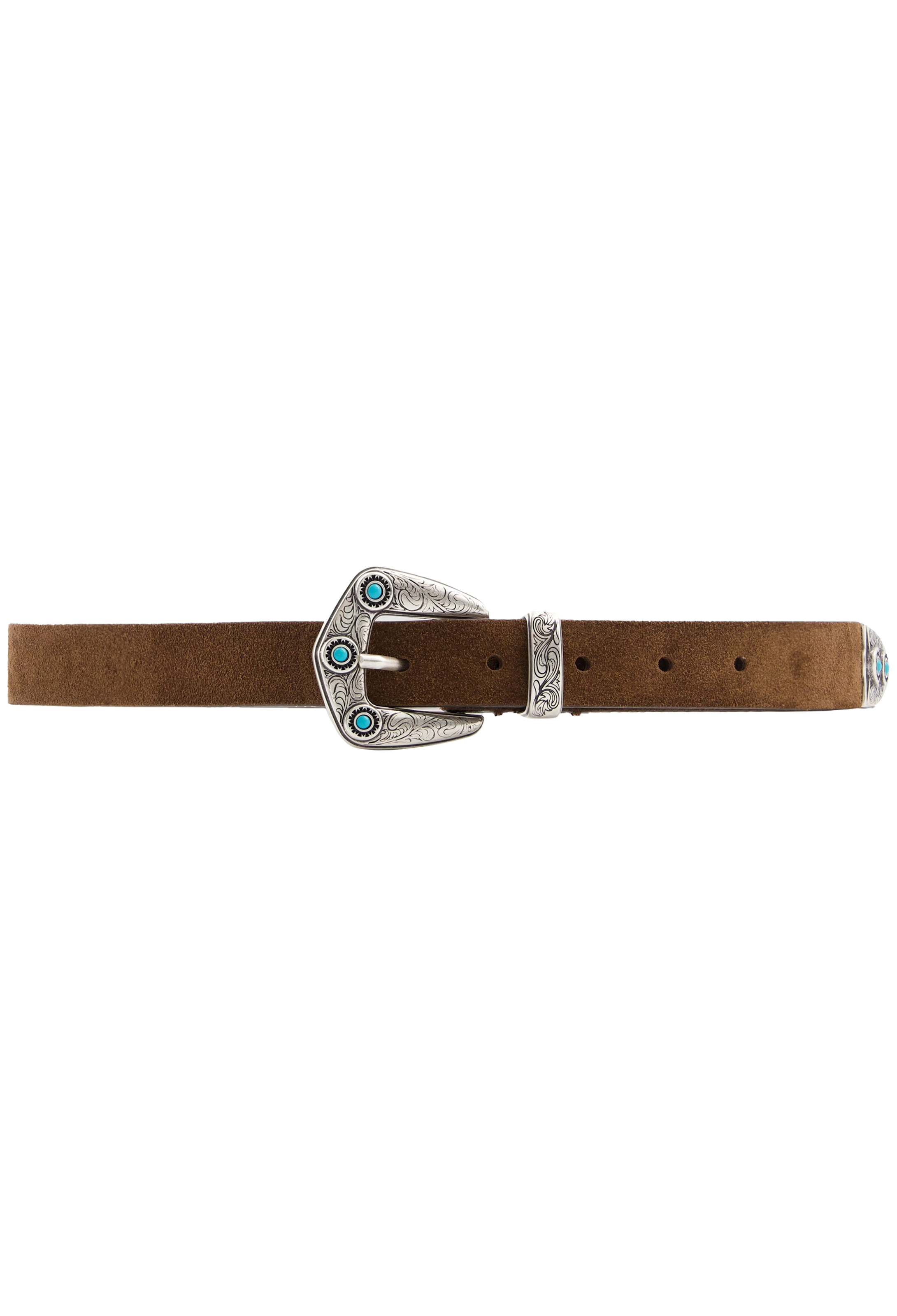 Brown belt with a silver buckle featuring turquoise stones on a white background