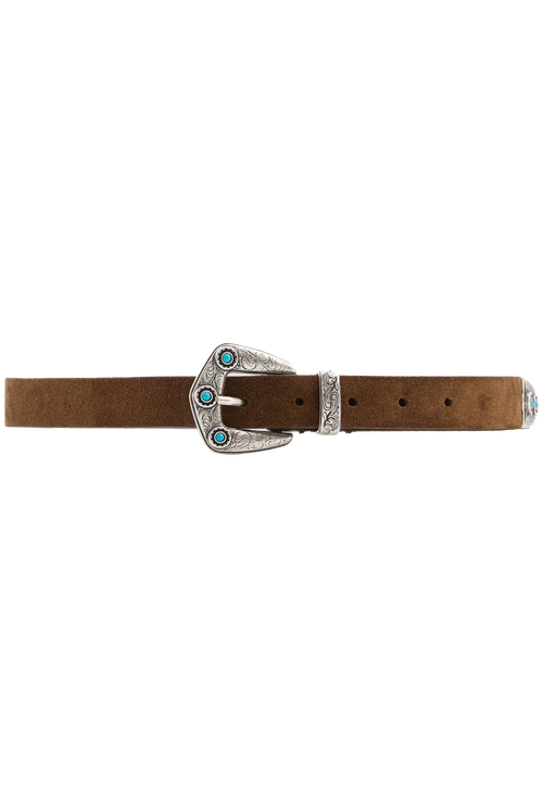 Brown belt with a silver buckle featuring turquoise stones on a white background