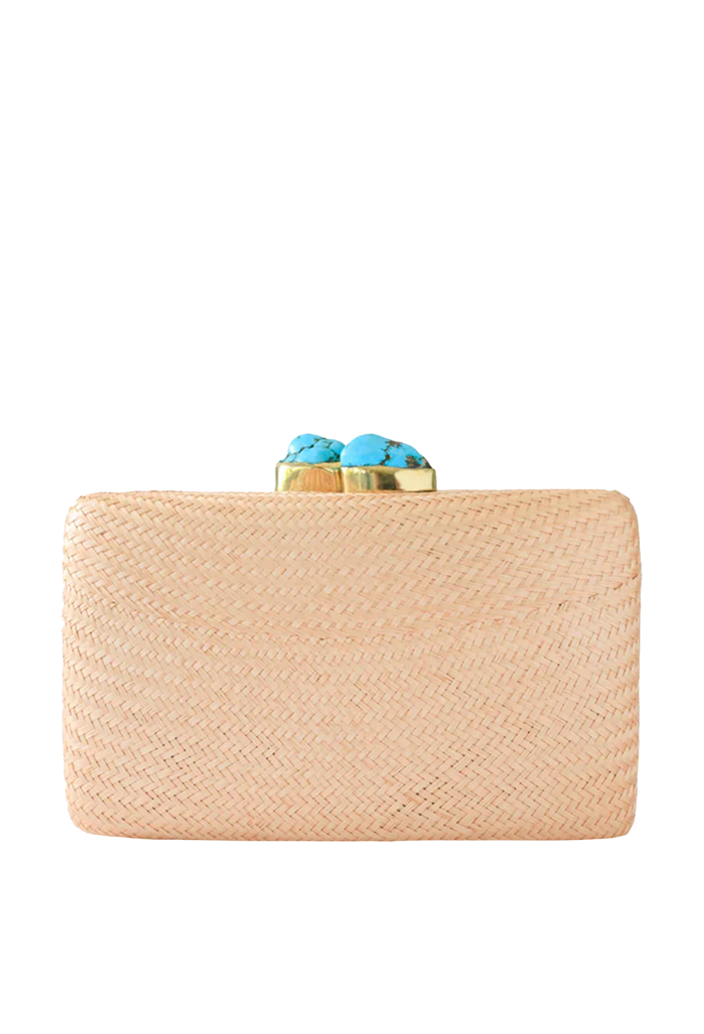 Beige clutch bag with blue gemstone clasp on a white background