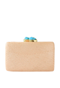 Beige clutch bag with blue gemstone clasp on a white background