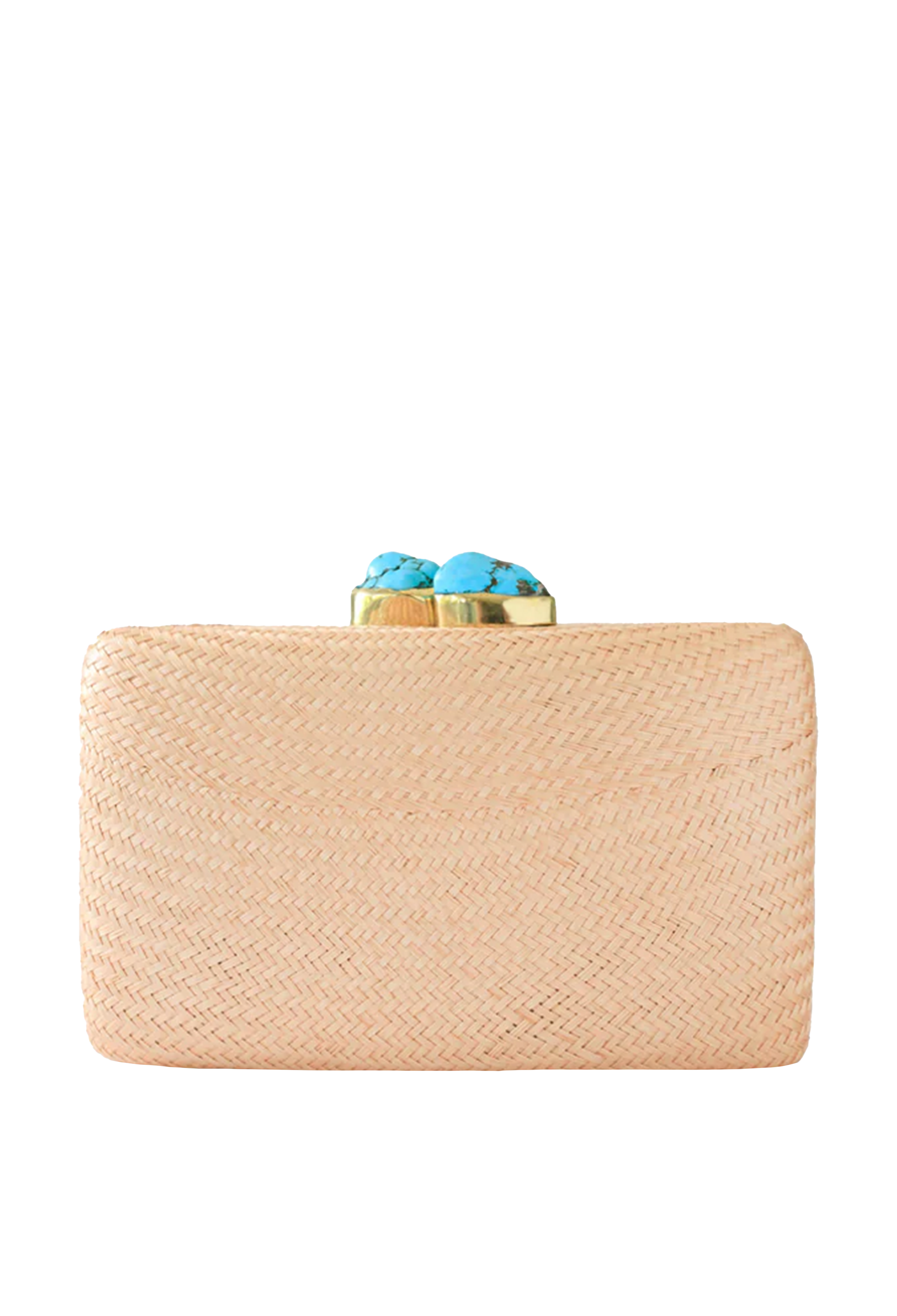 Beige clutch bag with blue gemstone clasp on a white background