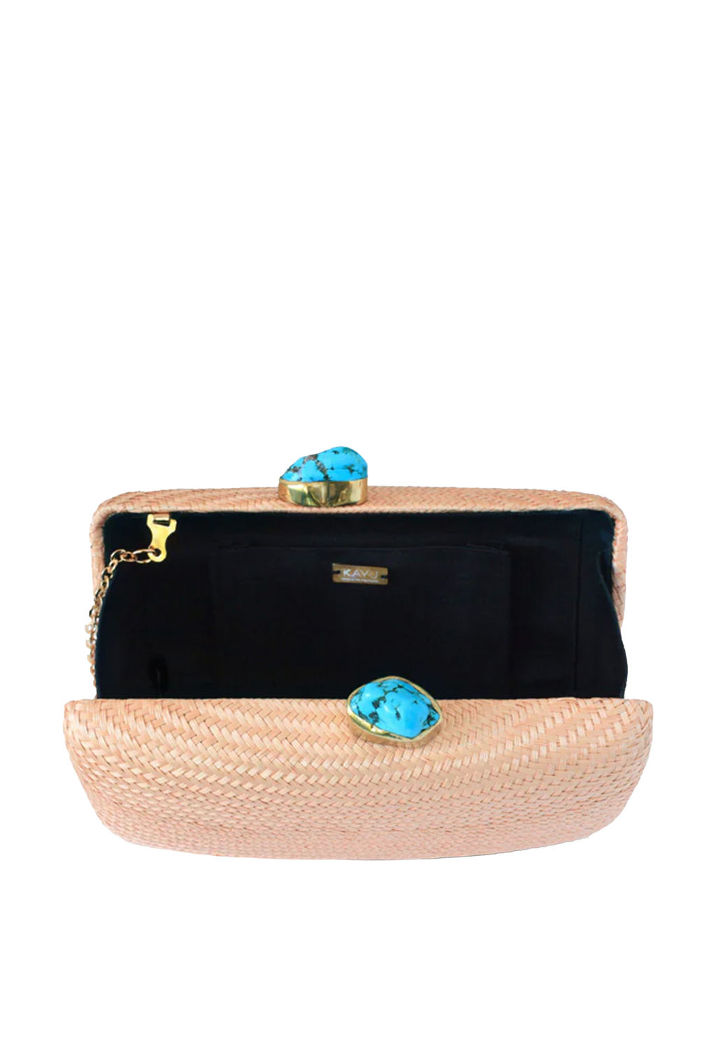Clutch bag with straw exterior and black interior, featuring turquoise stones on a white background