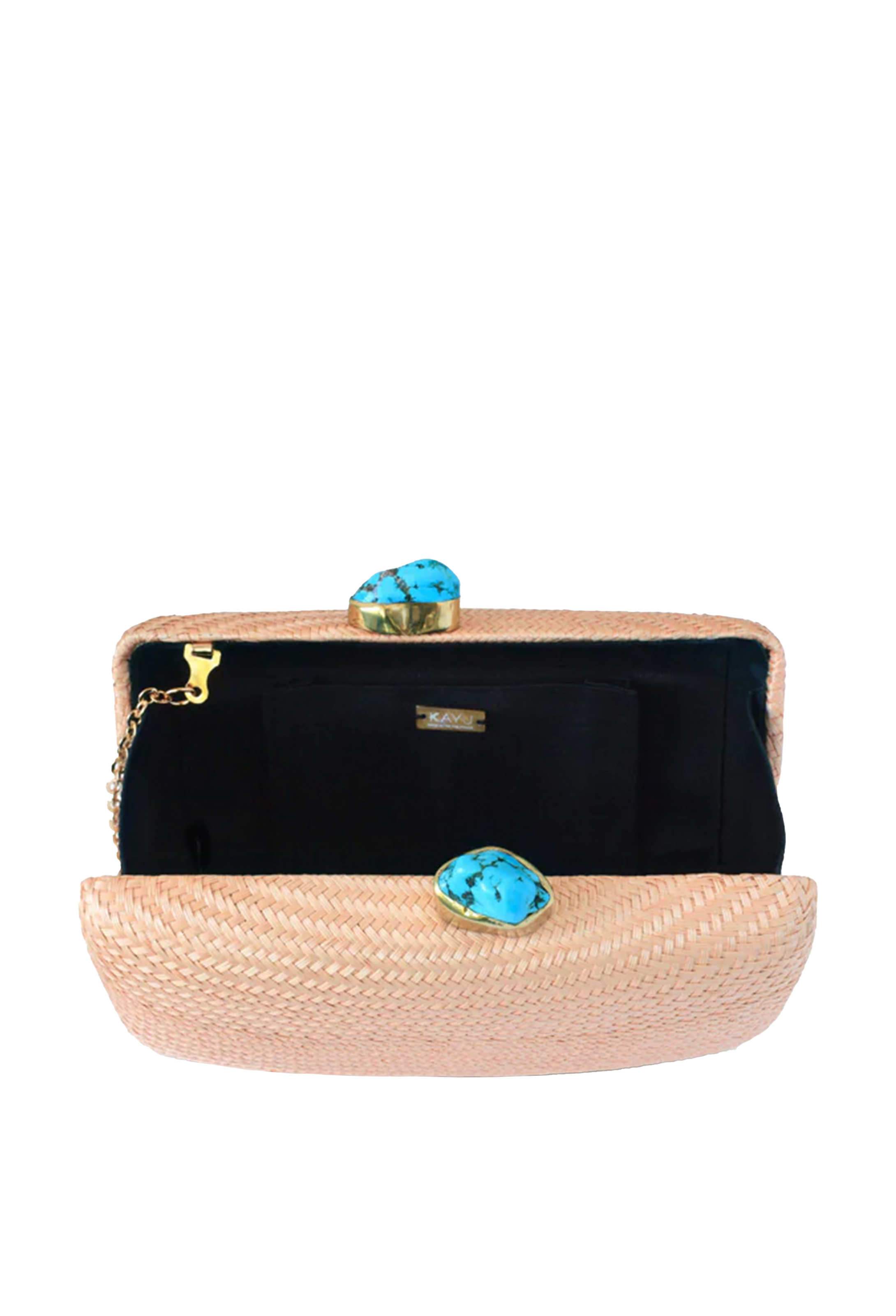 Clutch bag with straw exterior and black interior, featuring turquoise stones on a white background