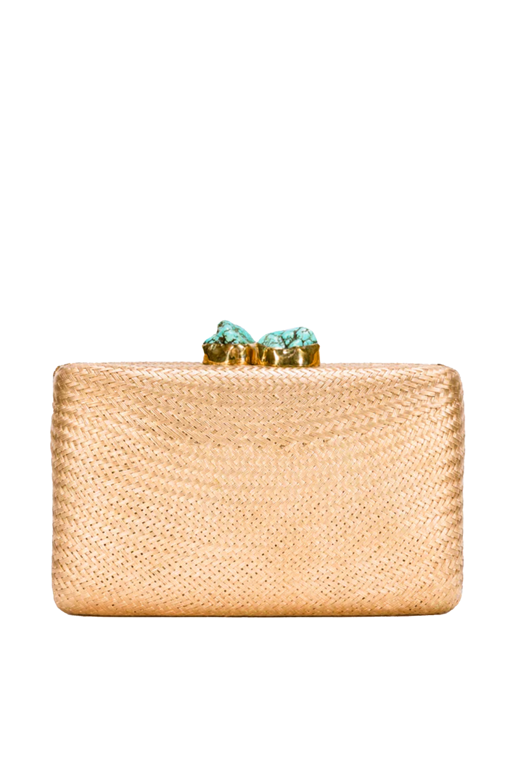 Gold clutch with turquoise embellishments on a white background