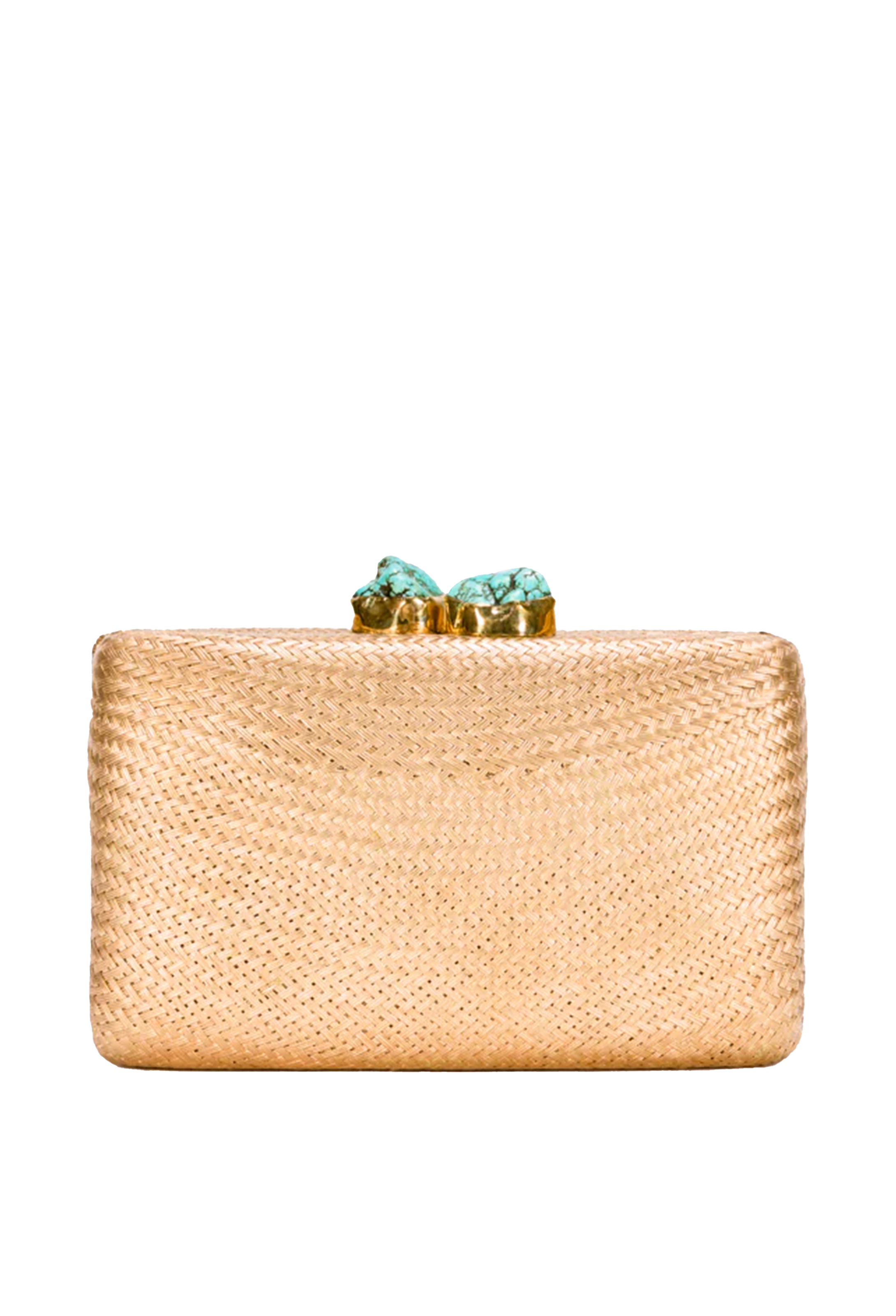 Gold clutch with turquoise embellishments on a white background