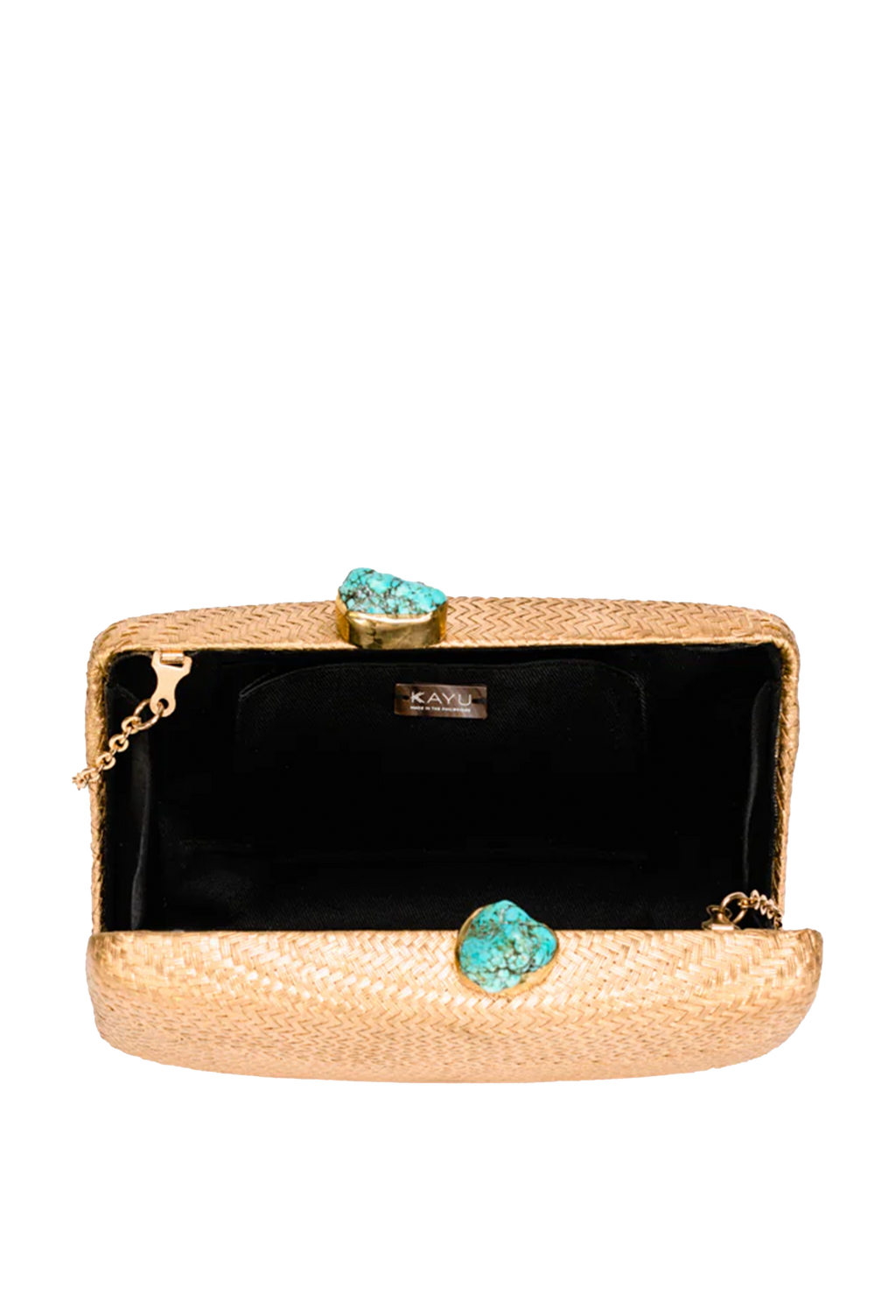Gold clutch with turquoise stones on a white background