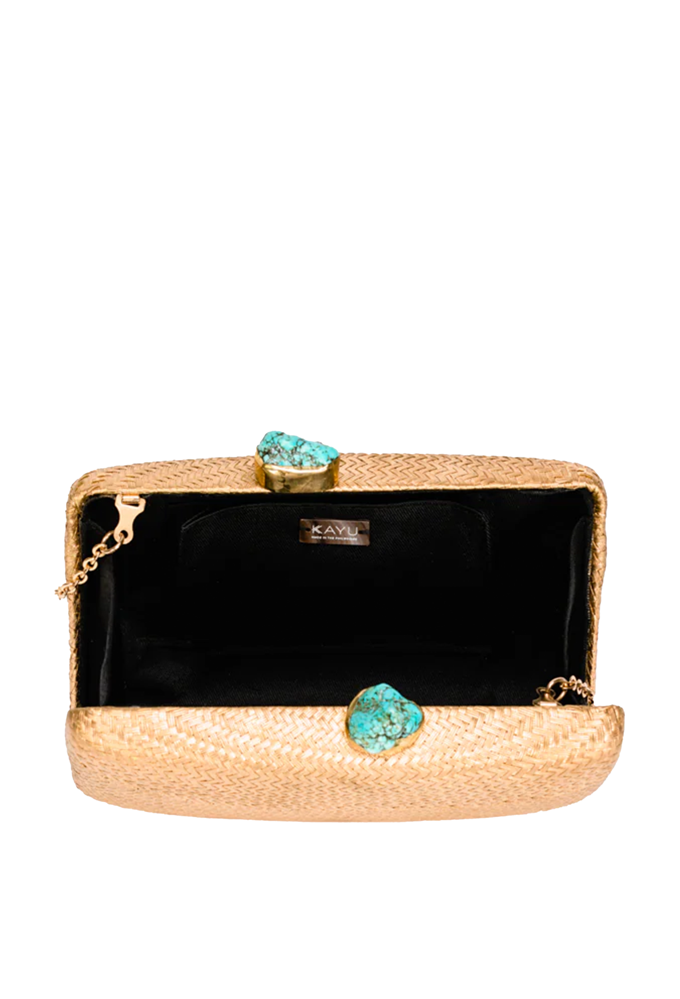 Gold clutch with turquoise stones on a white background