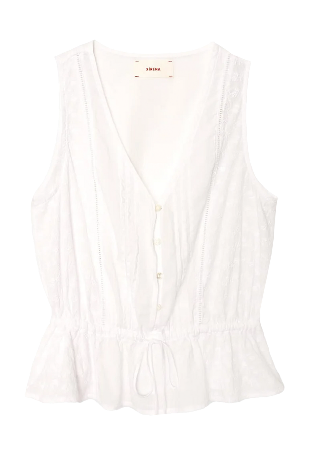 White sleeveless top with a subtle pattern on a white background