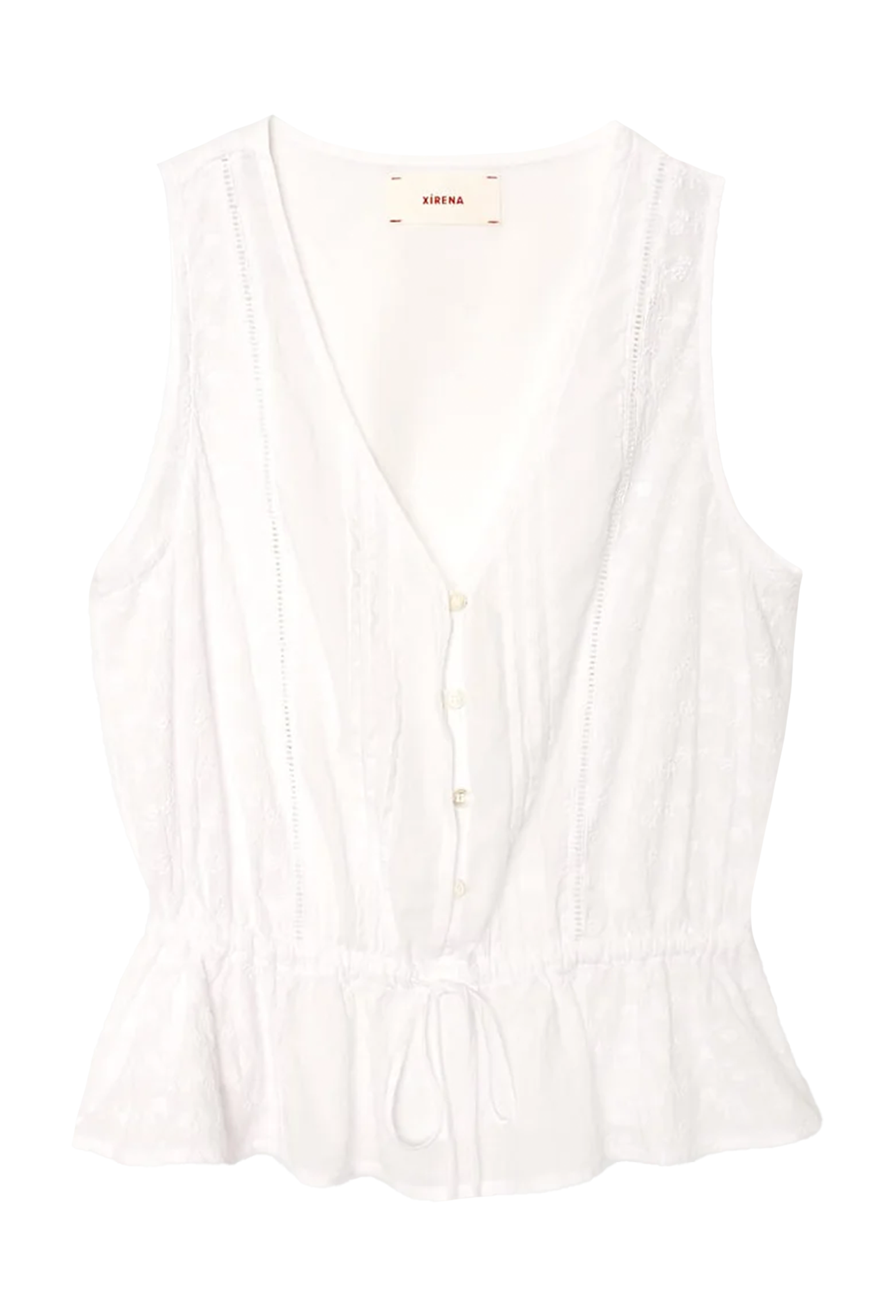 White sleeveless top with a subtle pattern on a white background