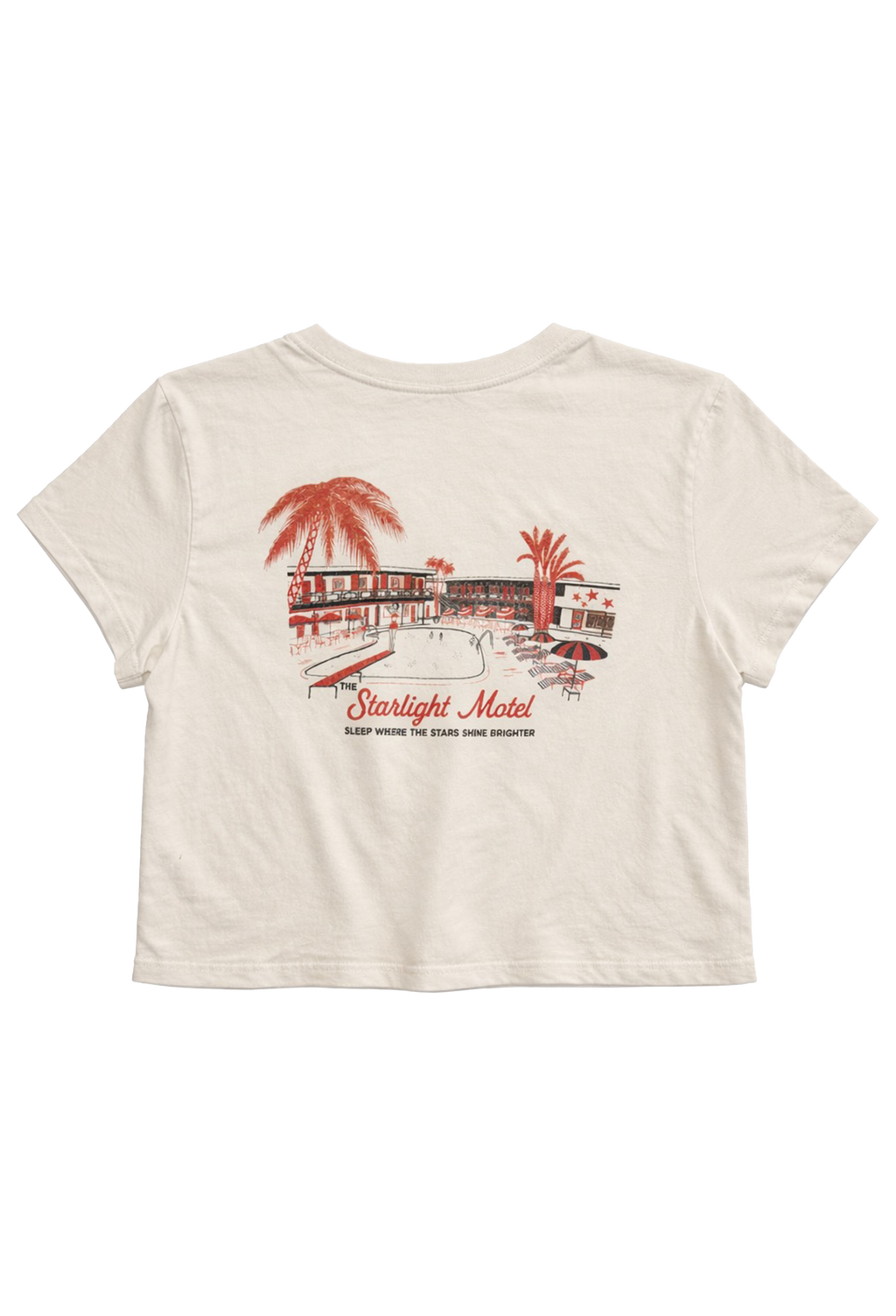 Beige t-shirt with 'Starlight Motel' graphic on a white background