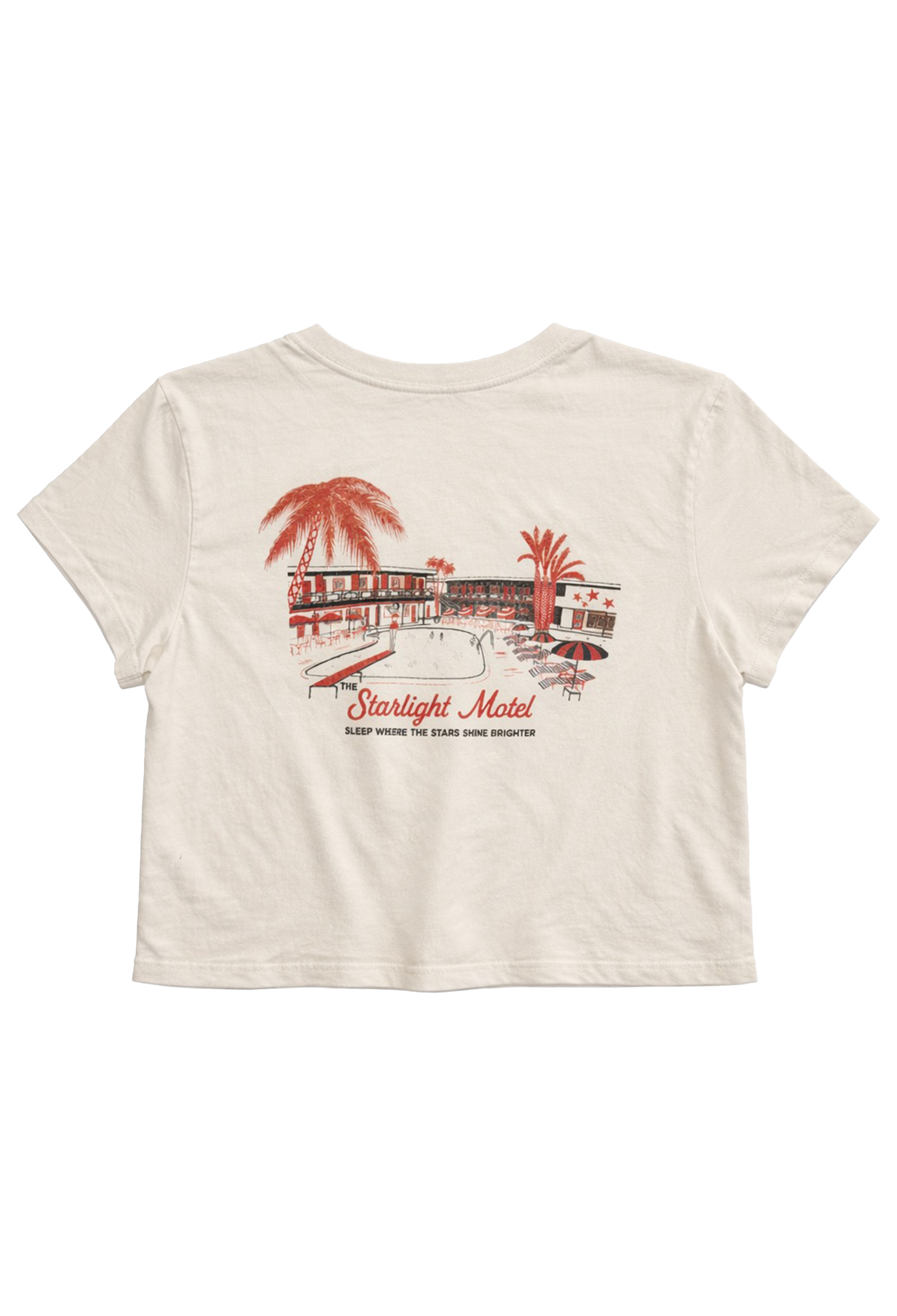Beige t-shirt with 'Starlight Motel' graphic on a white background