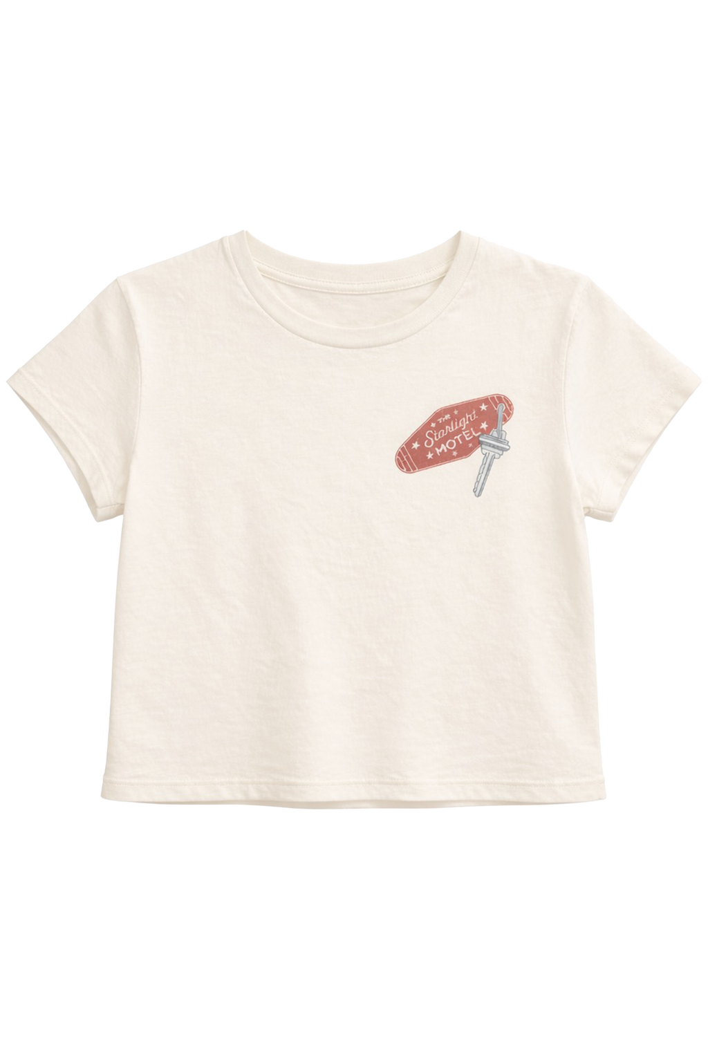 Beige t-shirt with a graphic design on a white background