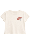 Beige t-shirt with a graphic design on a white background