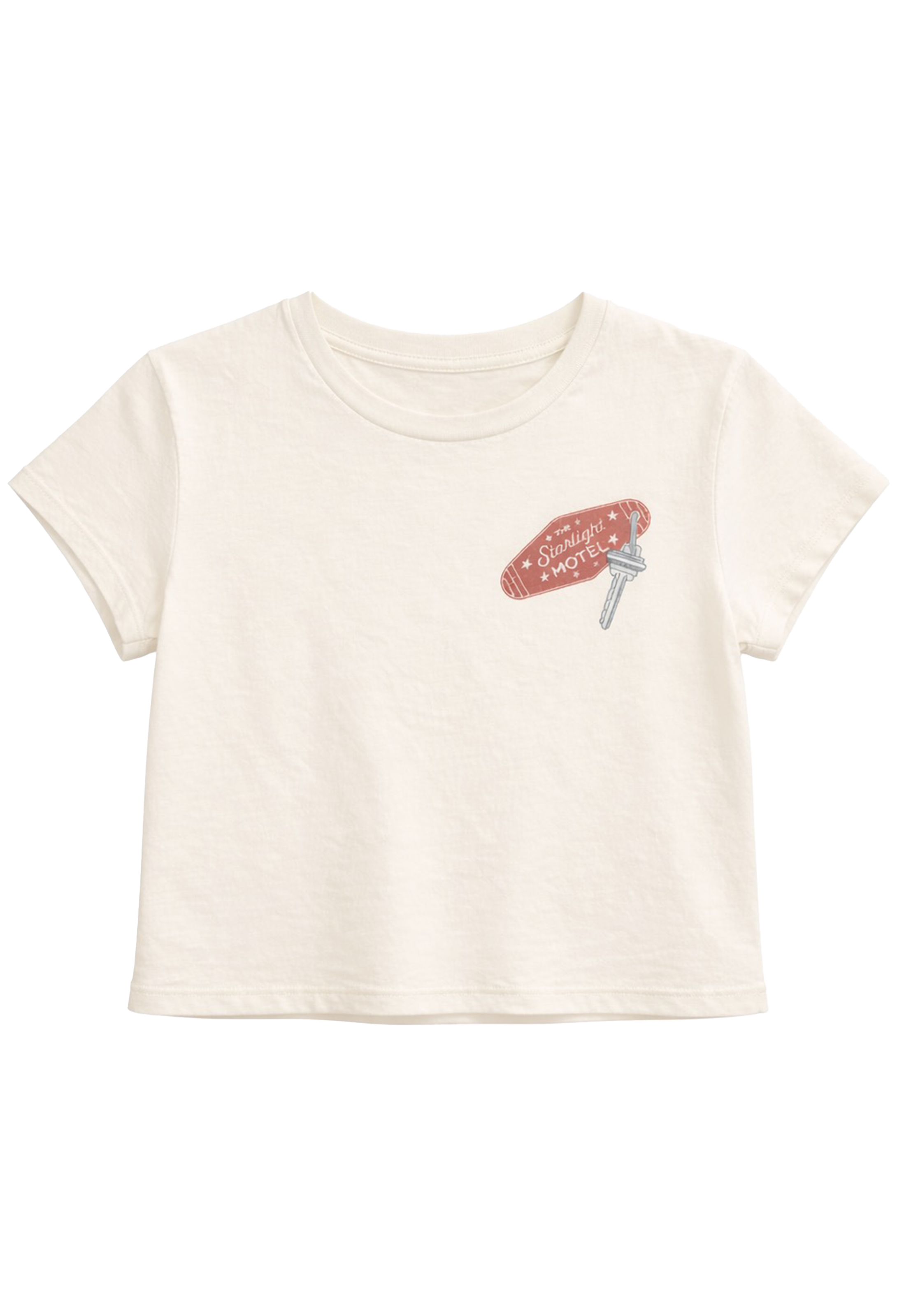 Beige t-shirt with a graphic design on a white background